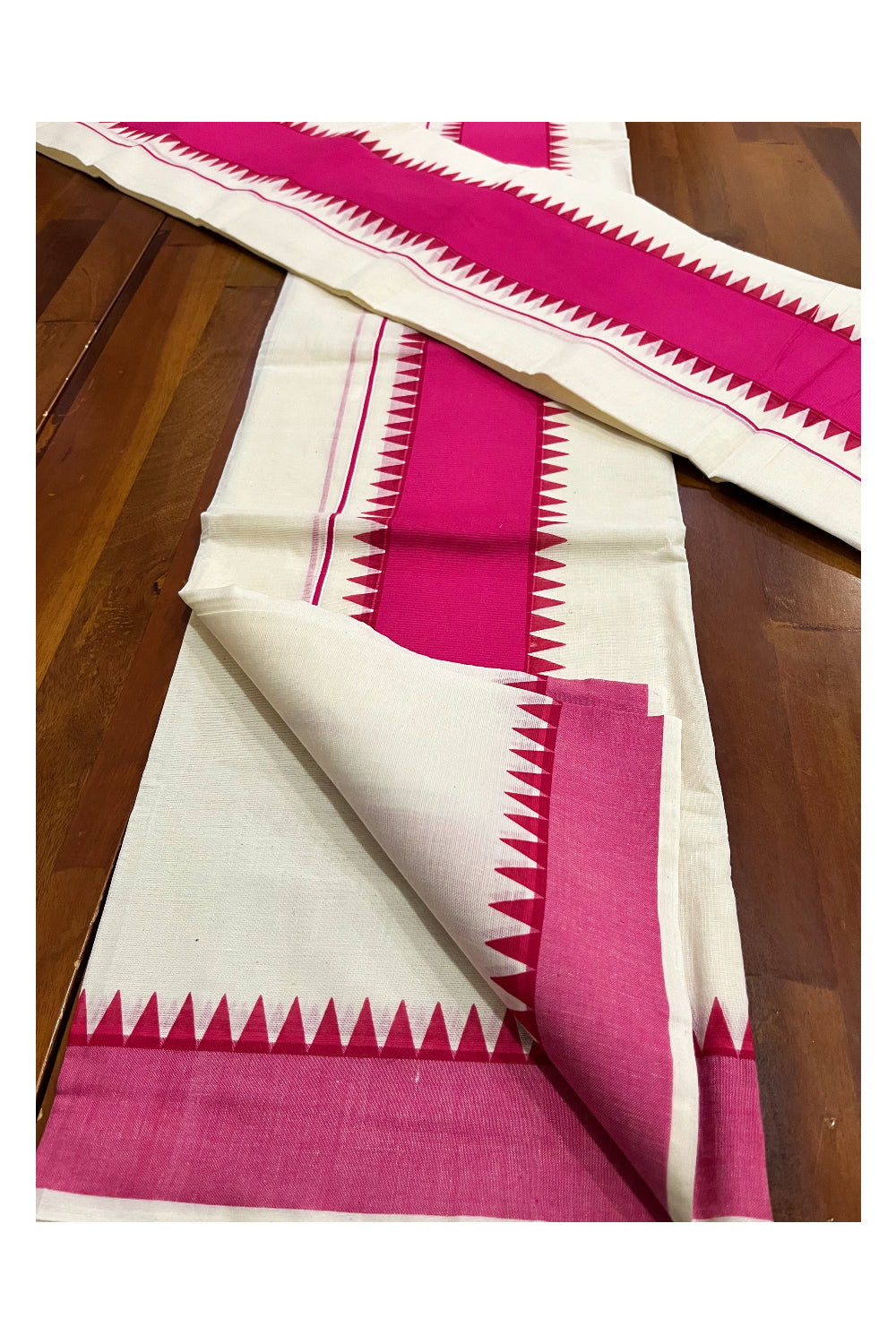 Kerala Pure Cotton Set Mundu Single (Mundum Neriyathum) with Pinkish Magenta Temple Border