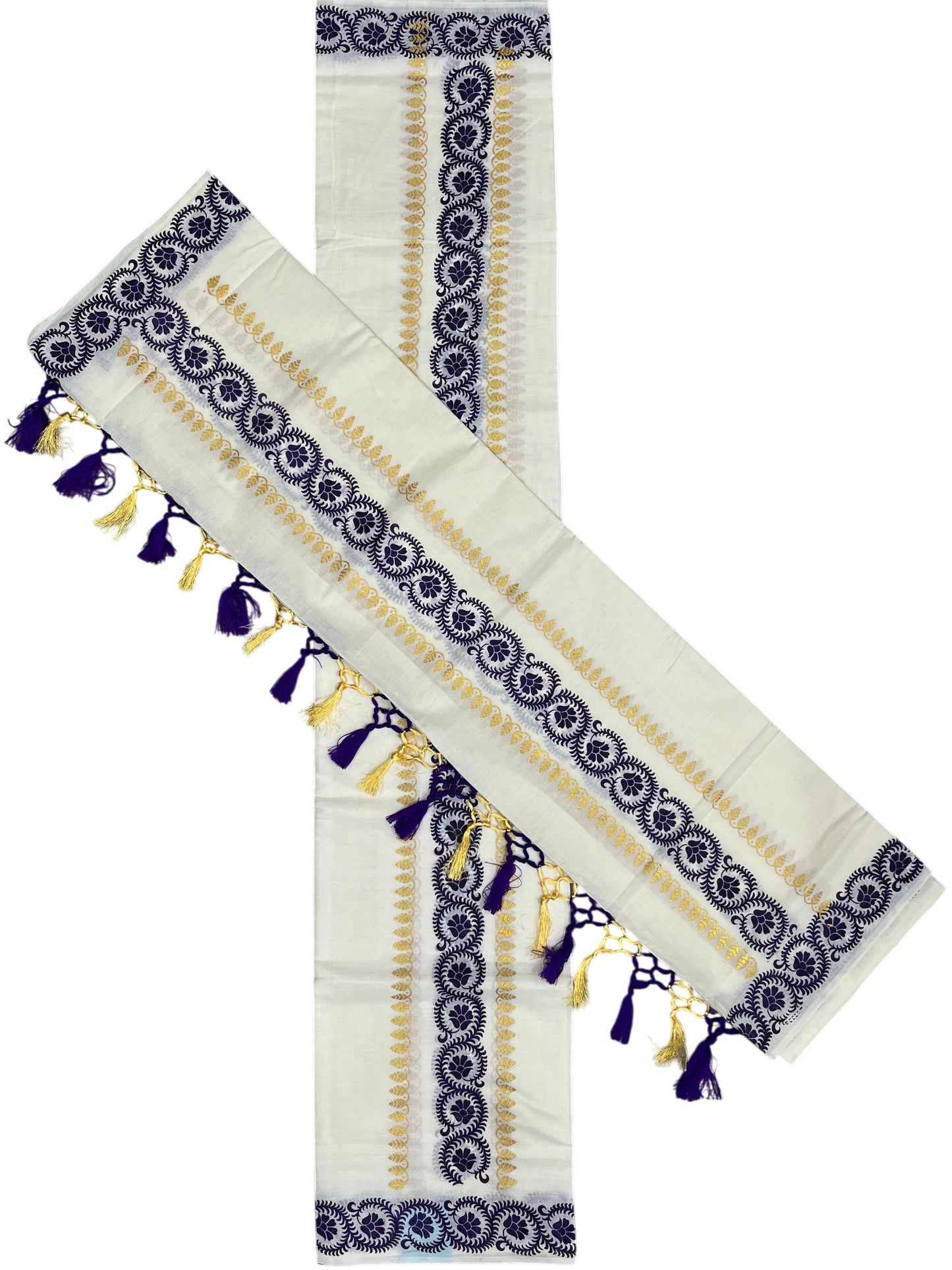 Southloom Cotton Single Set Mundu (Mundu Neriyathum) Voilet and Golden Printed Border With Tussles in 2.80 Mtrs