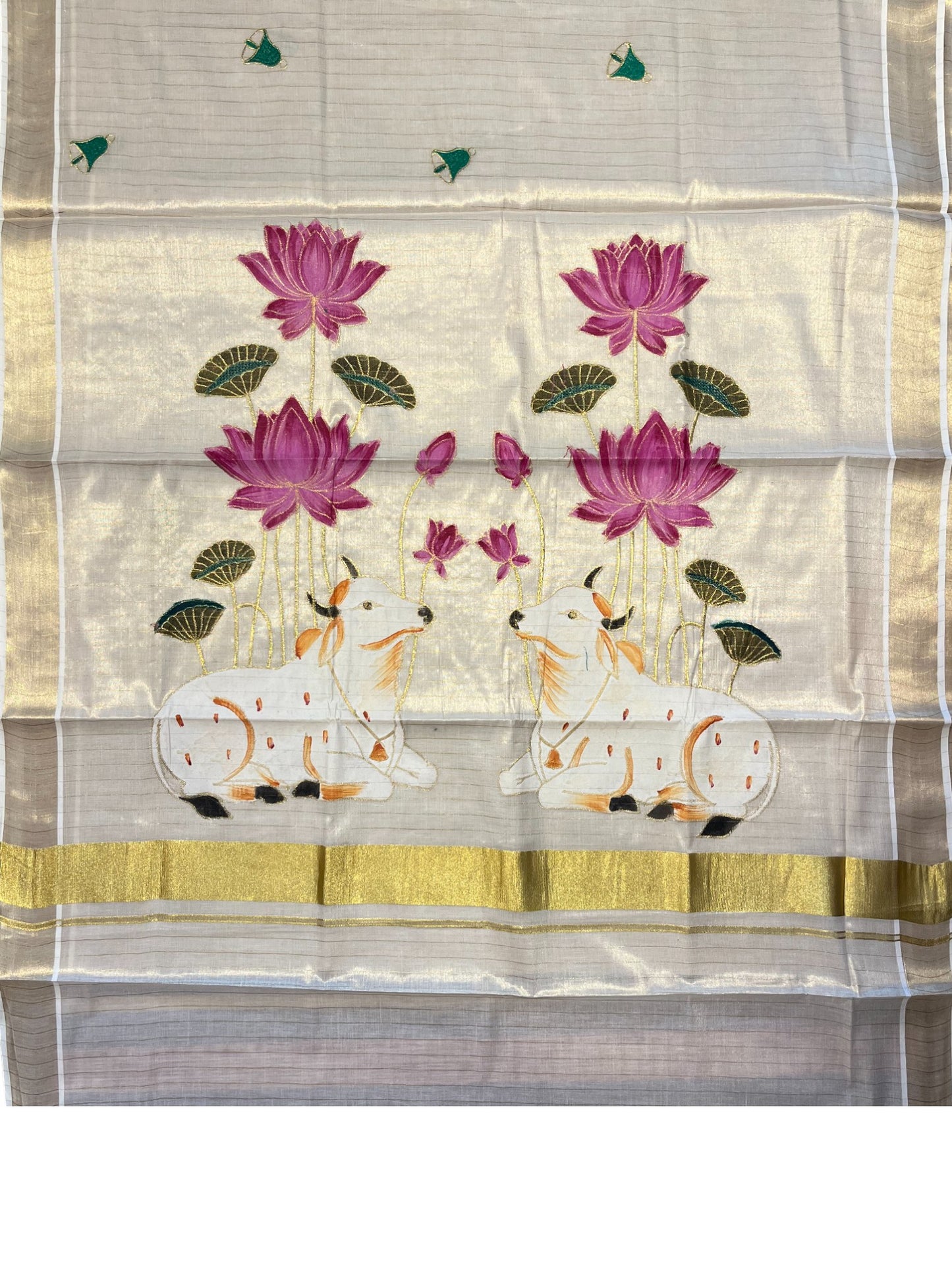 Southloom Tissue Kerala Kasavu Saree with Hand Painted Embroidery Nandi and Lotus Design