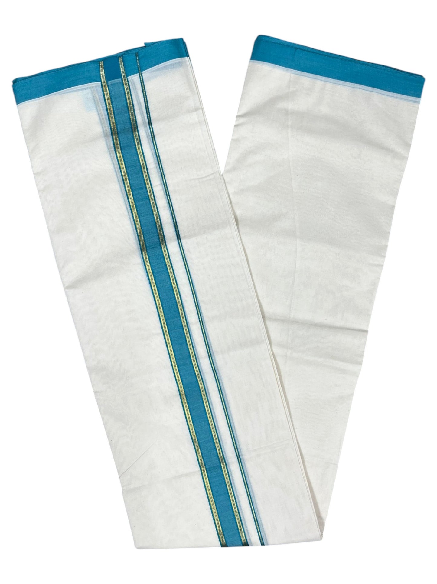 Southloom Pure Cotton Mundu with Gold Lines and Blue Border (South Indian Kerala Dhoti)