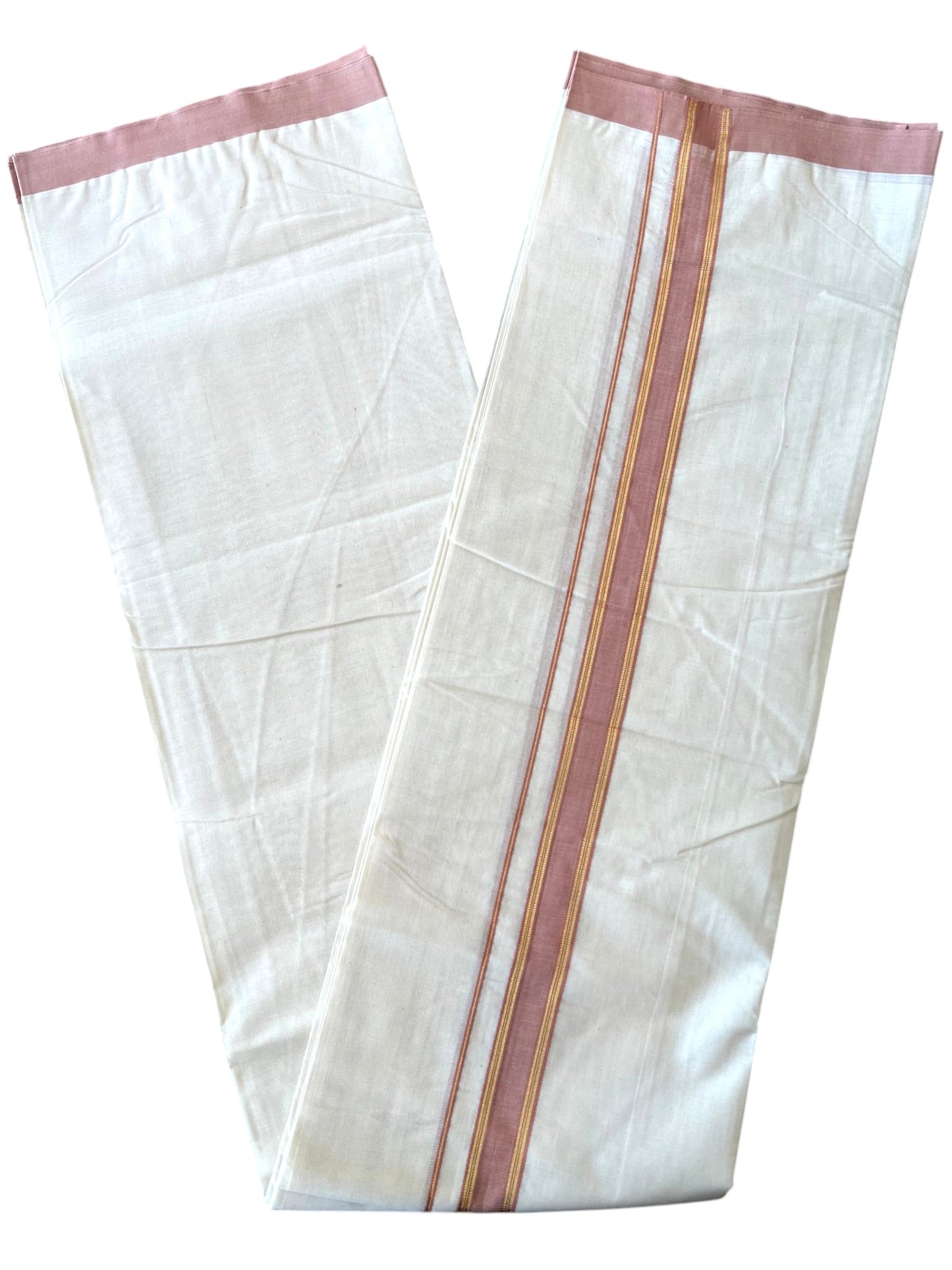 Southloom Pure Cotton Mundu with Golden Lines and Peach Colour Border (South Indian Kerala Dhoti)