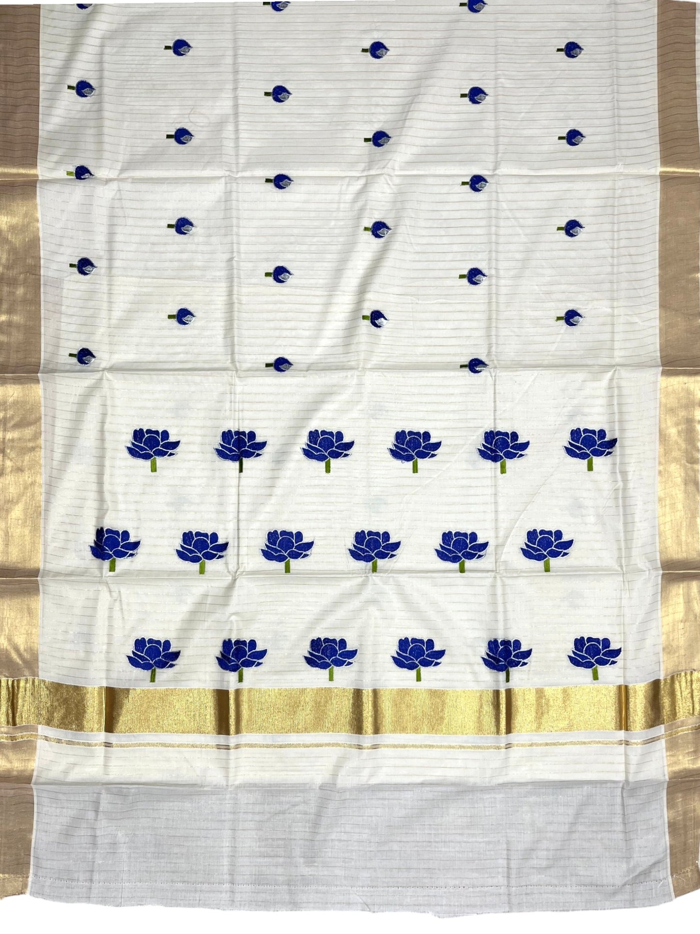 Southloom Kerala Cotton Kasavu Saree with Blue Lotus Embroidery Design