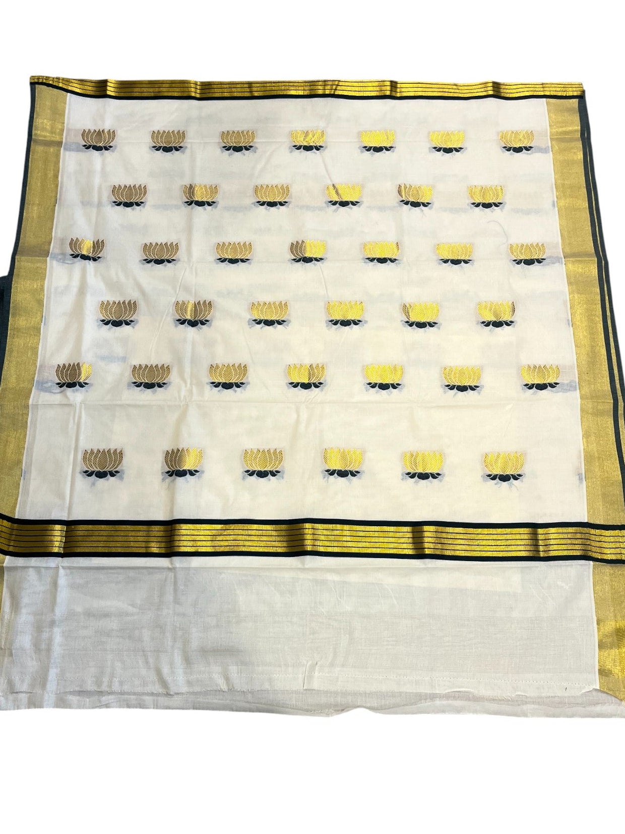 Southloom Kerala Cotton Kasavu Saree with Lotus Woven Work in Green