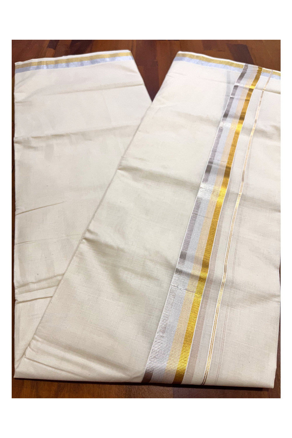 Cotton Mundu with Silver and Golden Kasavu Lines Border (South Indian Kerala Dhoti)