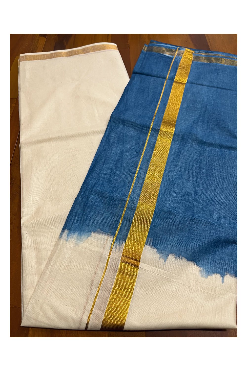 Southloom Tie & Dye - Half & Half  Multi Colour Blue Design Cotton Kerala Double Mundu with Kasavu Border (South Indian Kerala Dhoti)