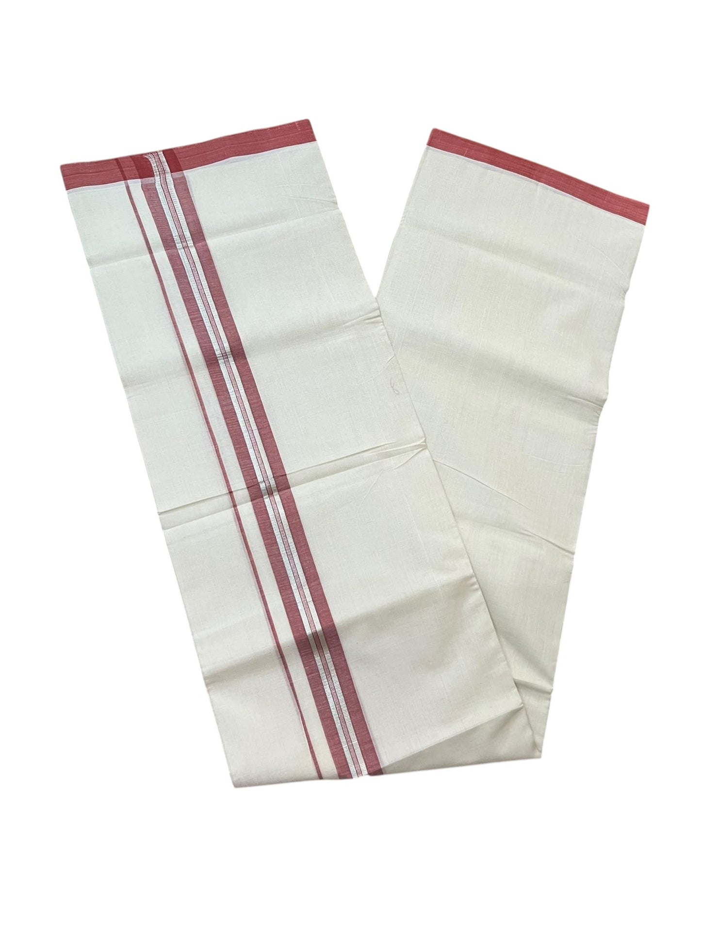 Southloom Balaramapuram Unakkupaavu Premium Handloom Cotton Double Mundu with Silver Lines and Brick Red Border