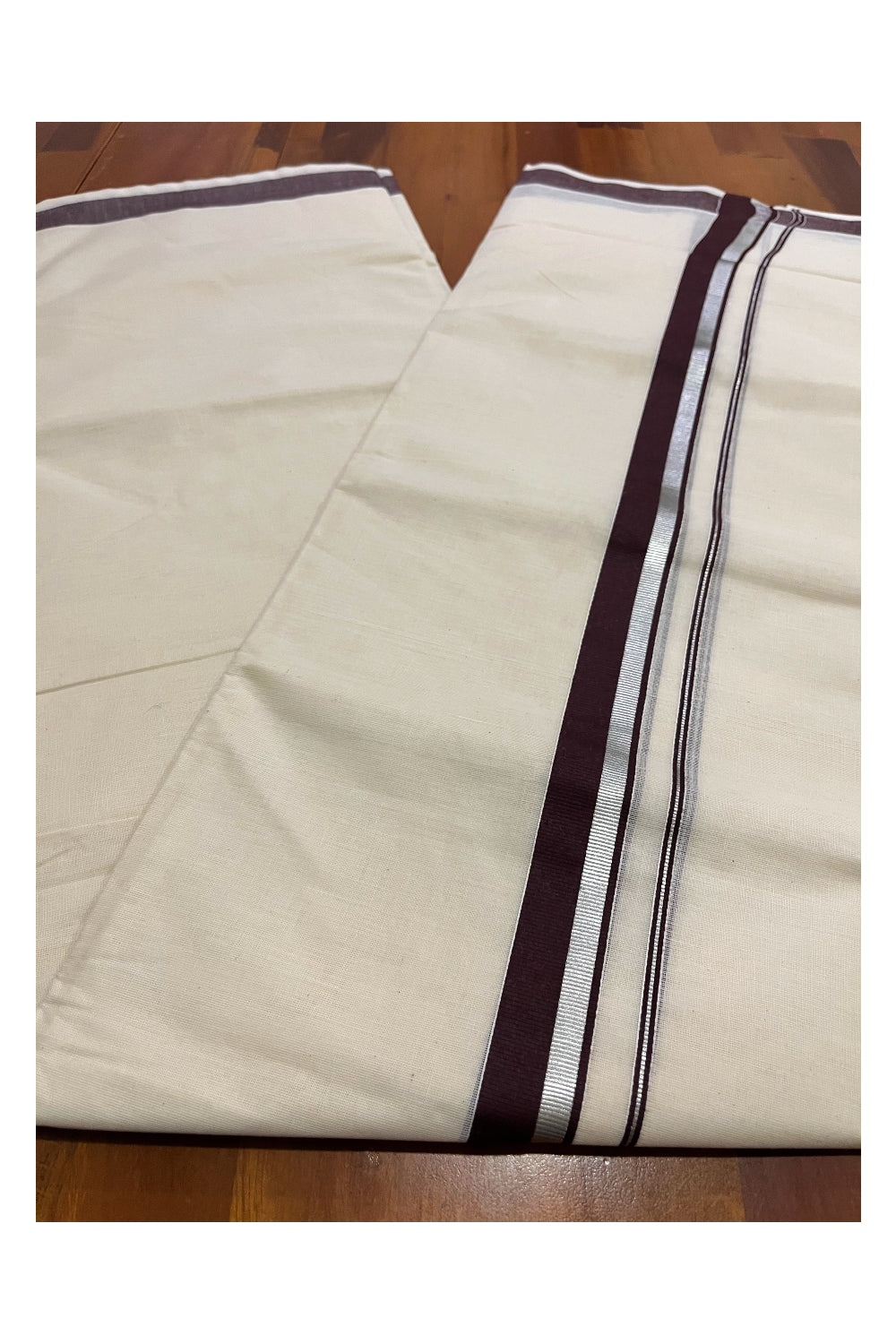 Pure Cotton Double Mundu with Silver Kasavu and Dark Brown Kara (South Indian Kerala Dhoti)