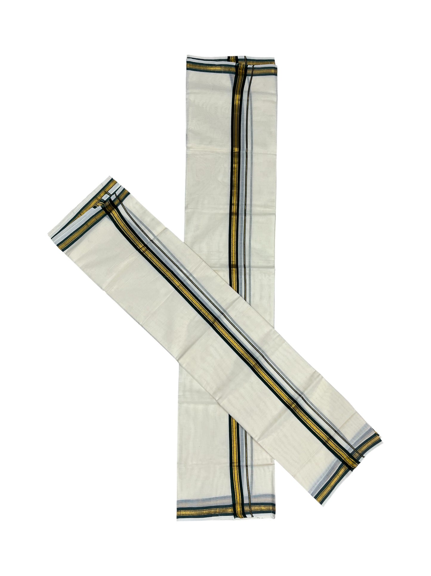 Pure Cotton Kerala Single Set Mundu (Mundum Neriyathum) with Dark Green Kasavu Border in 2.80 Mtrs