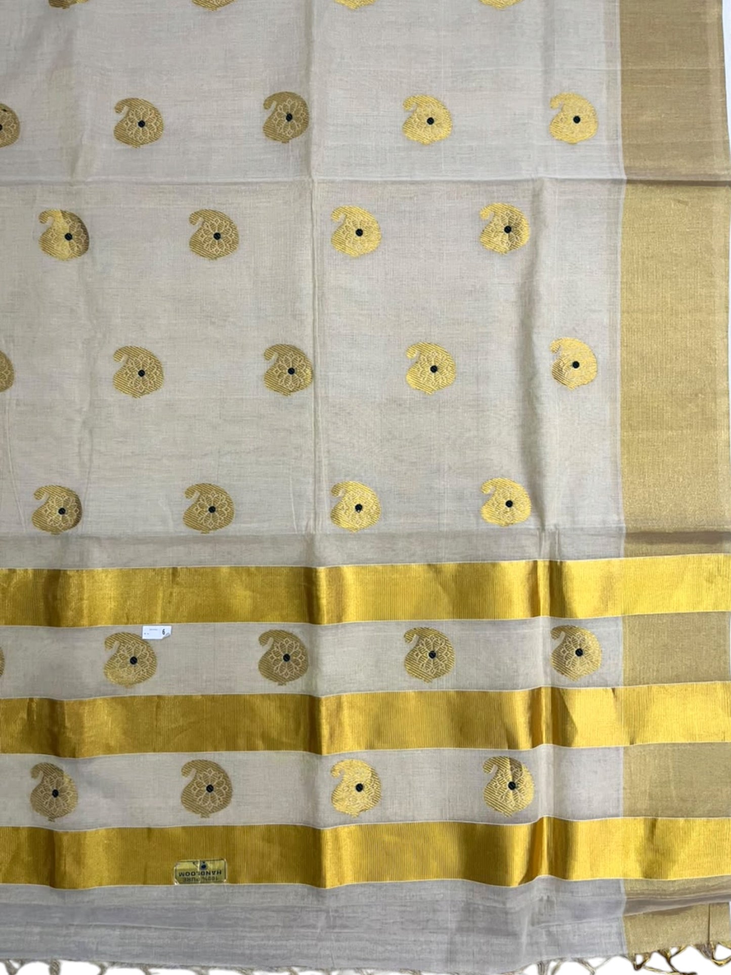 Southloom Super Premium Balaramapuram Handloom Tissue Saree with Butta Design and Gold Kasavu Border