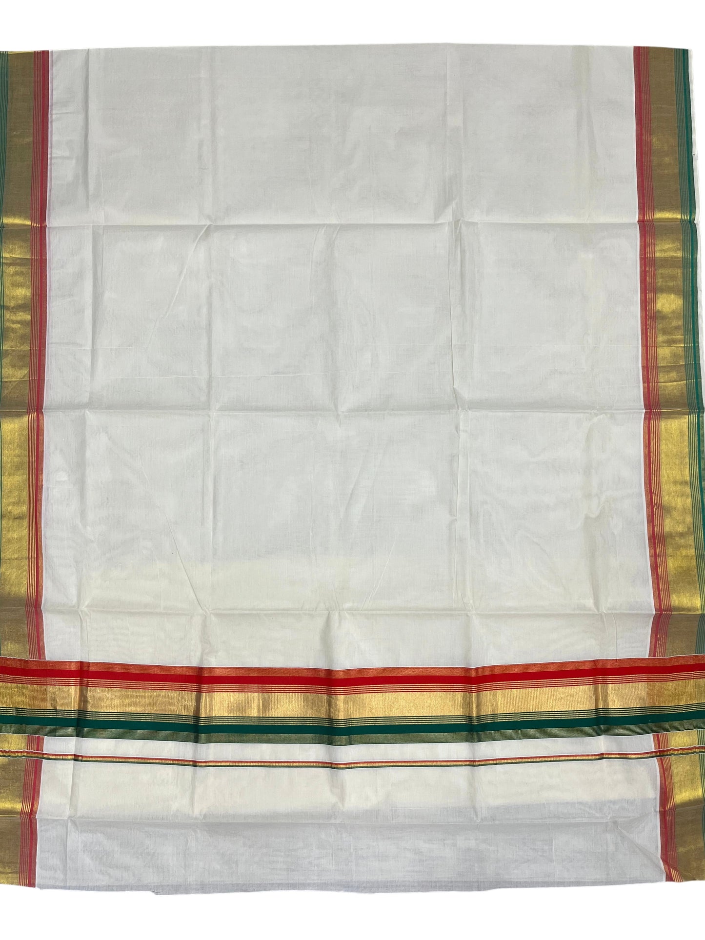 Southloom Kerala Cotton Kasavu Saree with Green And Orange Border