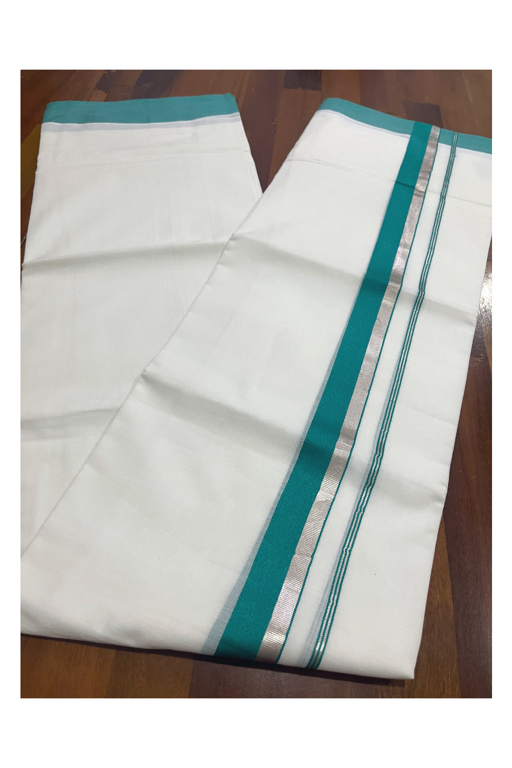 Pure White Cotton Double Mundu with Green and Silver Kasavu Border (South Indian Dhoti)