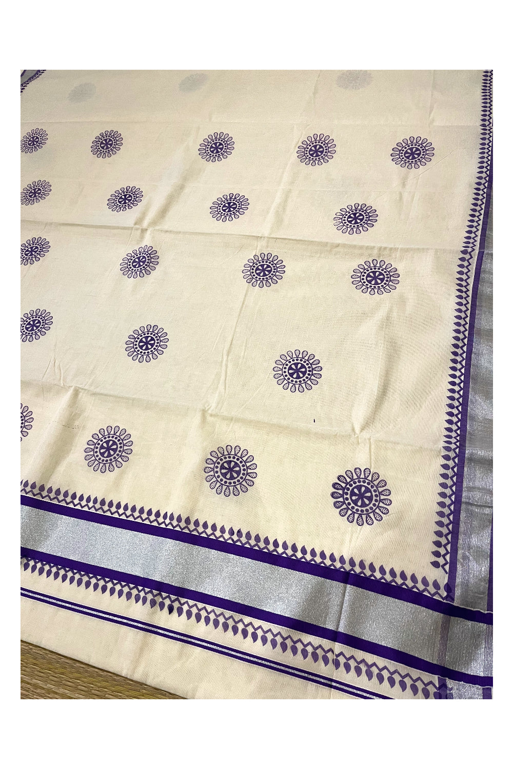 Kerala Pure Cotton Saree with Violet Block Prints and Silver Kasavu Border