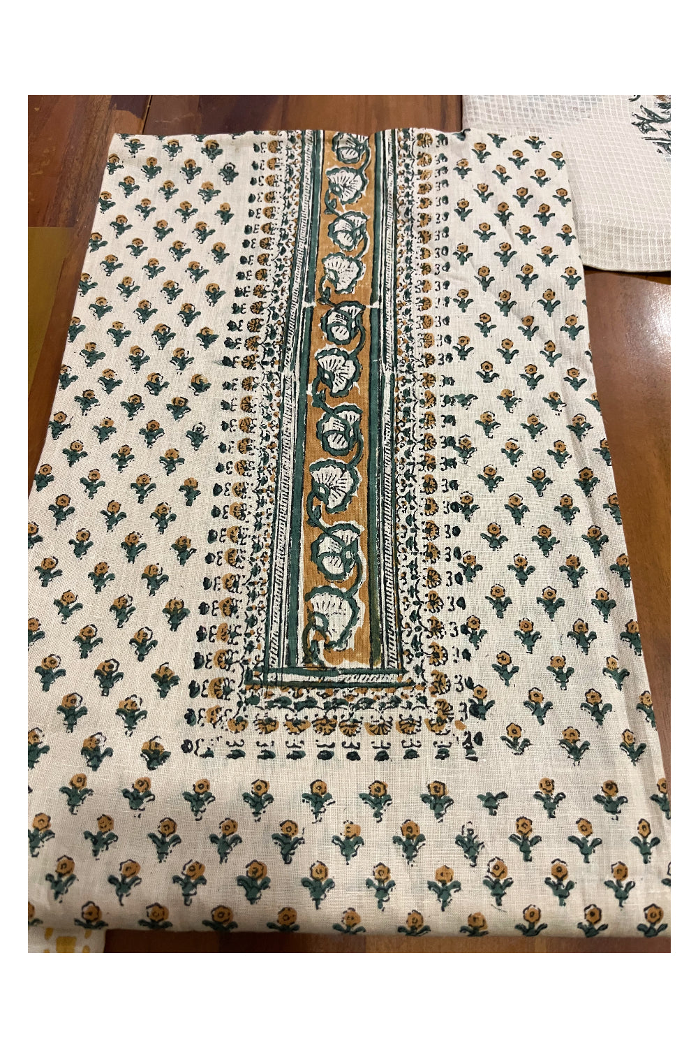 Southloom™ Cotton Light Brown Churidar Salwar Suit Material Green Block Prints on Body