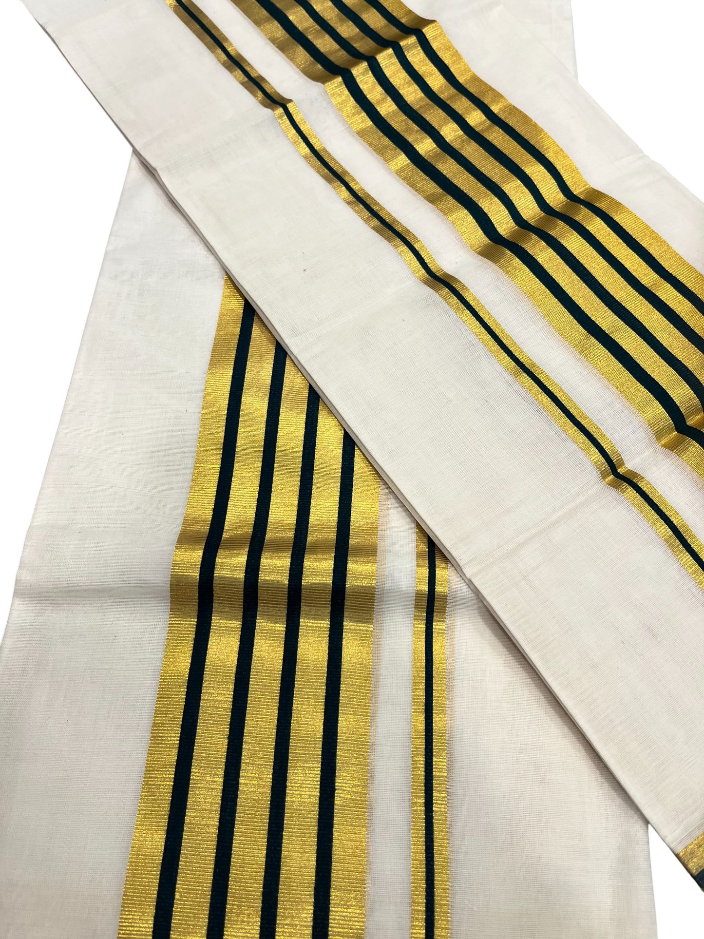 Southloom Premium Handloom Cotton Set Mundu (Mundum Neriyathum) with Kasavu and Green Lines Border 2.80 Mtrs