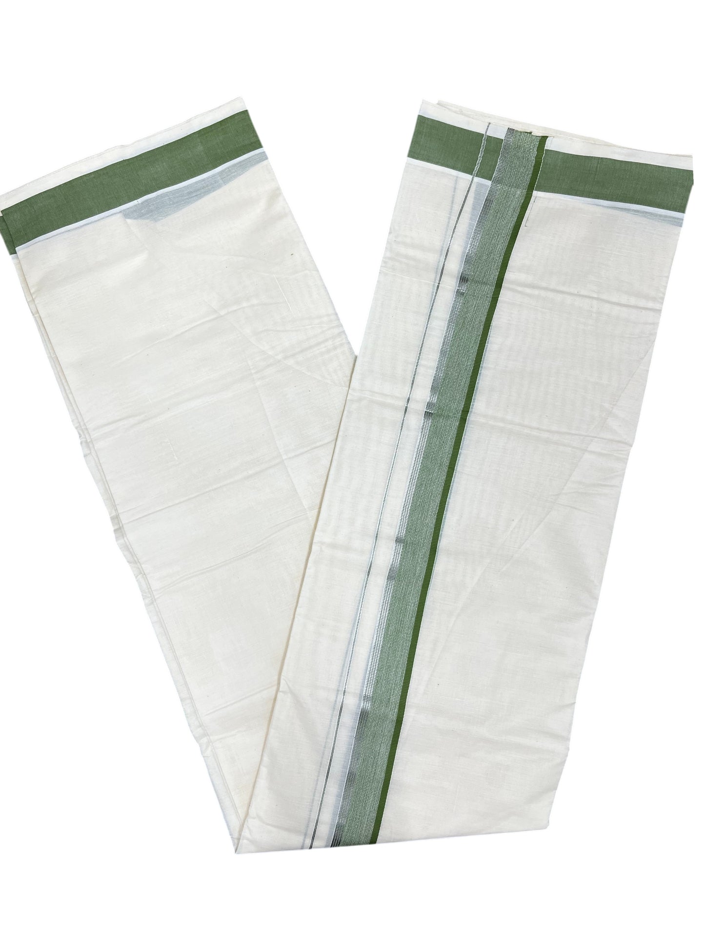 Southloom Pure Cotton Mundu with Silver Lines and Green Border (South Indian Kerala Dhoti)