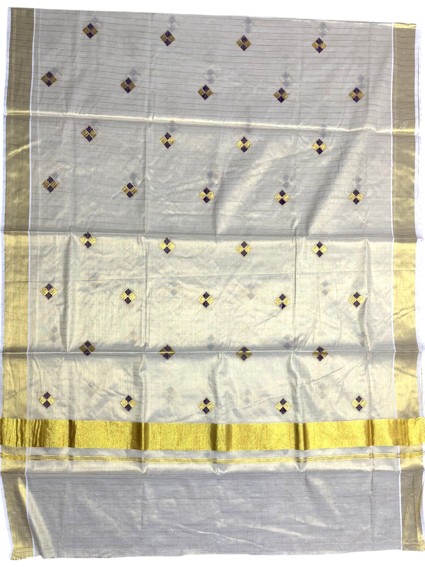 Southloom Kerala Tissue Kasavu Striped Saree with  Diagonal Woven Designs in Purple And Gold Body Work