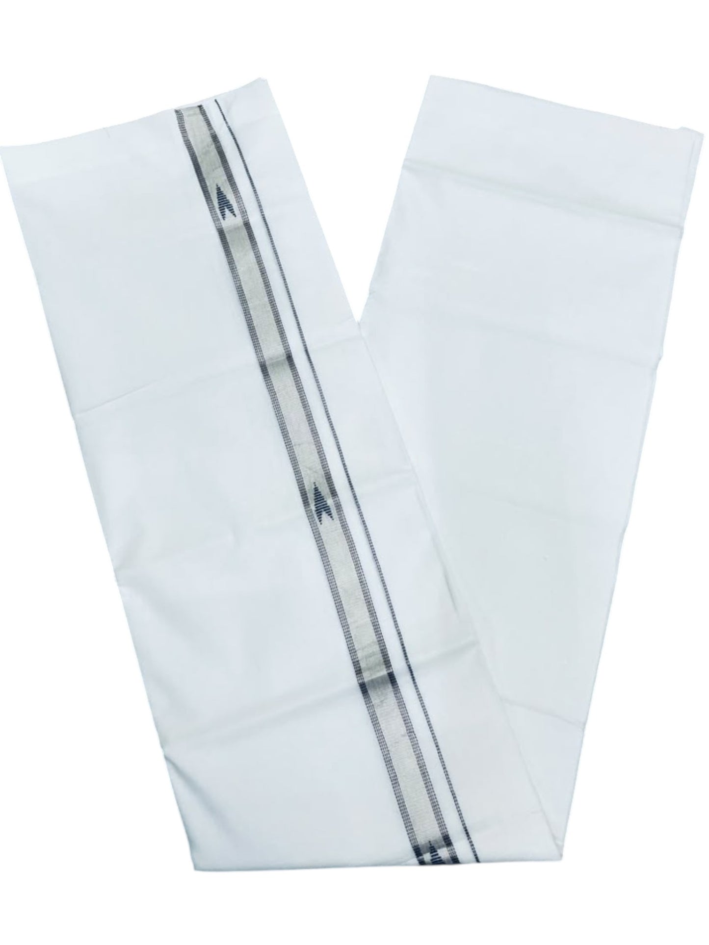 Southloom Pure White Cotton Mundu with Blue & Silver Line Border (South Indian Kerala Dhoti)
