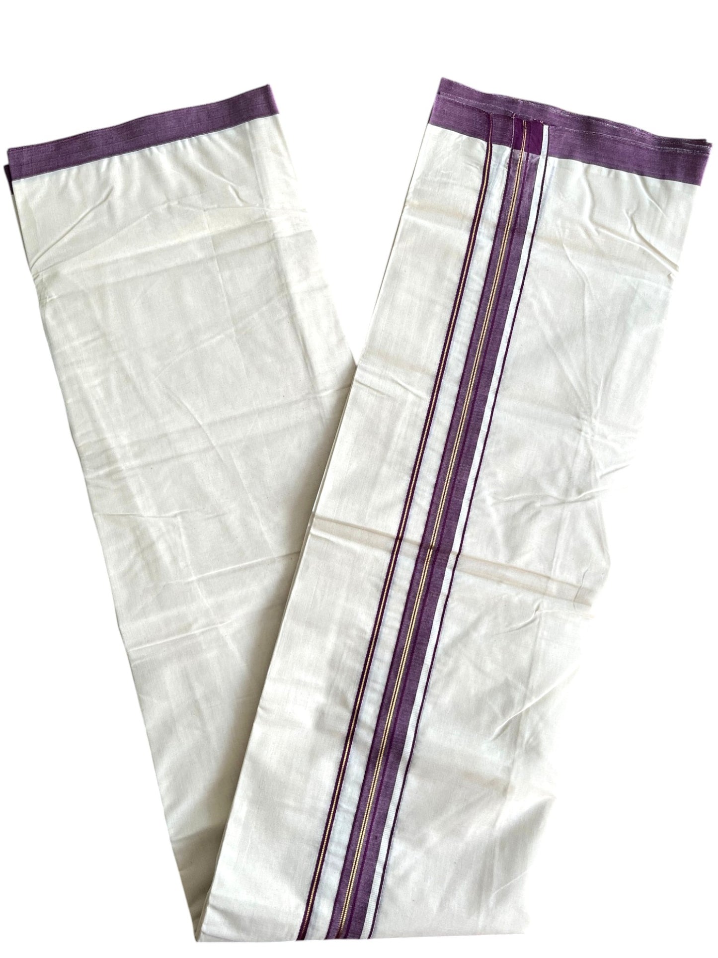 Southloom Pure Cotton Mundu with Golden Lines and Purple Border (South Indian Kerala Dhoti)