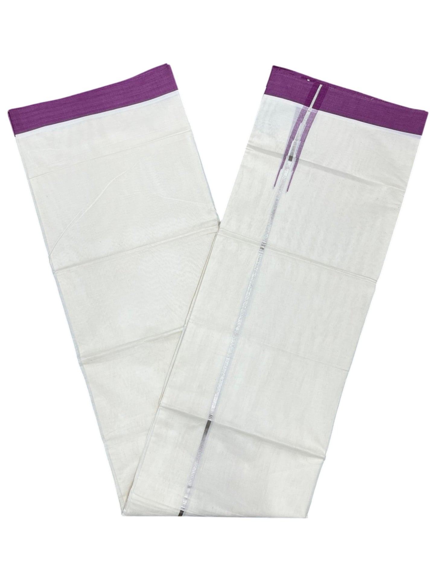 Southloom Pure Cotton Double Mundu with Silver Lines and Purple Chuttikara Border (South Indian Kerala Dhoti)