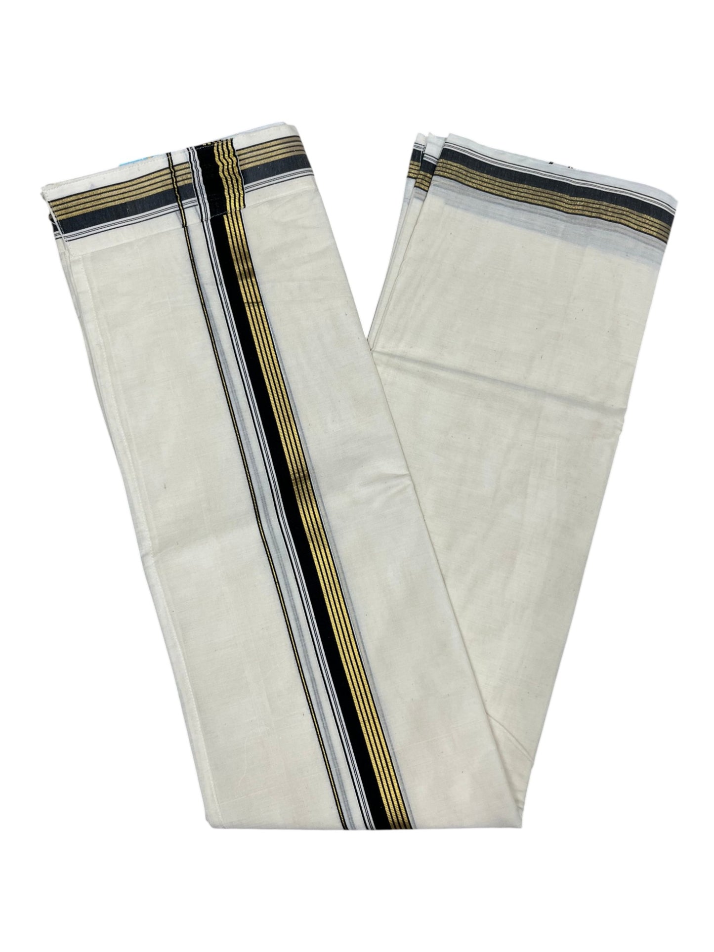 Southloom Kerala Cotton Velcro Double Mundu with Black And Gold Kasavu Border (South Indian Kerala Dhoti)