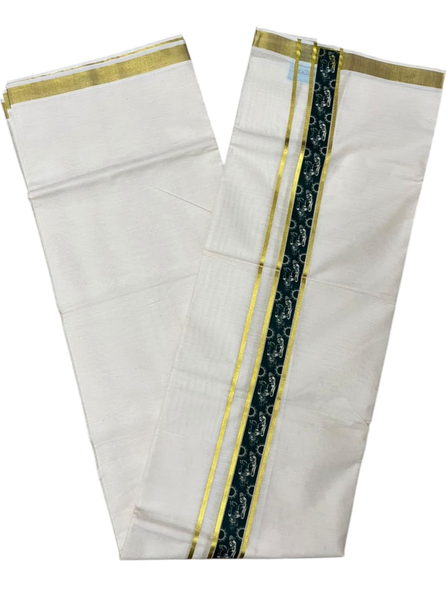 Southloom Pure Cotton Double Mundu with Green Block Printed And Ksavu Border (South Indian Kerala Dhoti)