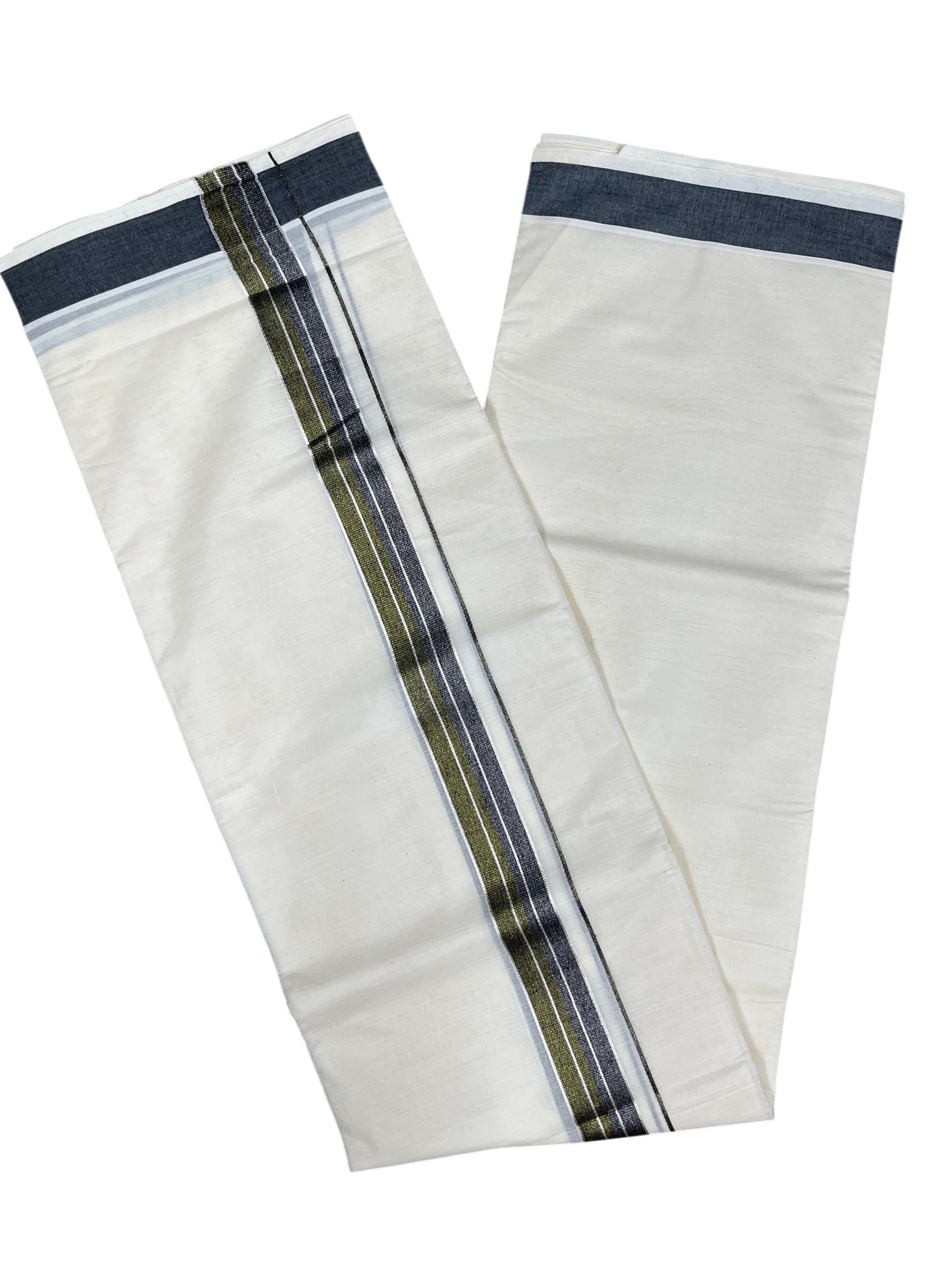 Southloom Pure Cotton Mundu with Silver Lines and Green Border (South Indian Kerala Dhoti)