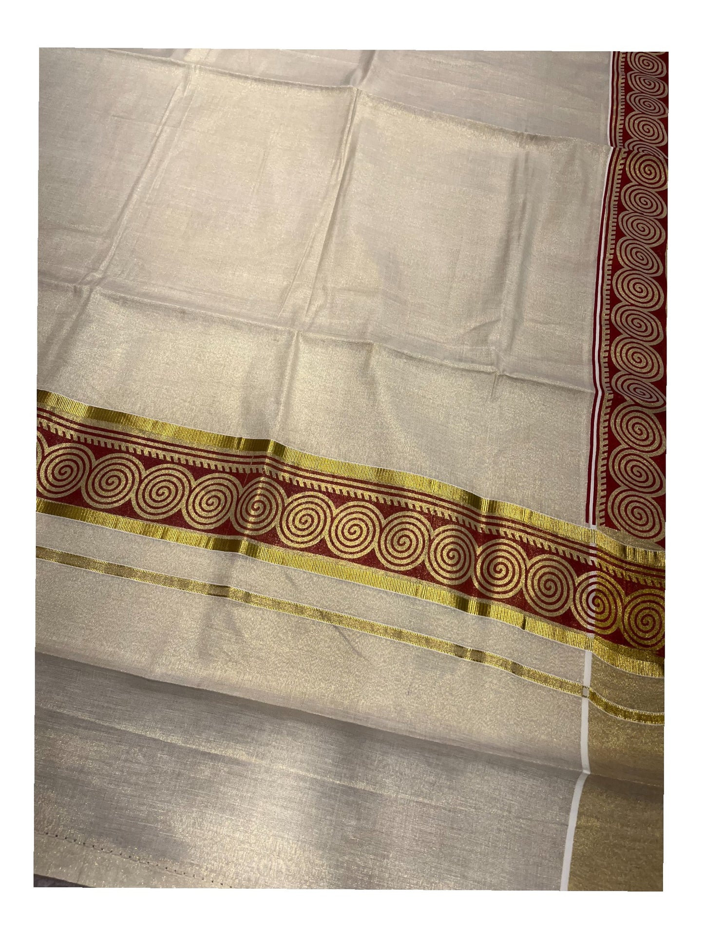 Southloom Kerala Tissue Kasavu Plain Saree Maroon Hand Printed