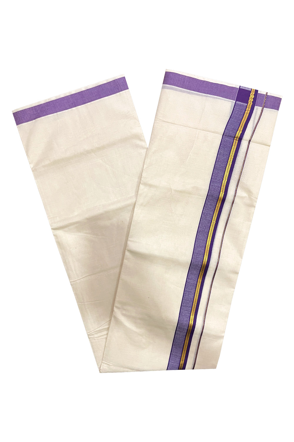 Pure Cotton Kerala Double Mundu with Kasavu and Violet Kara (South Indian Kerala Dhoti)