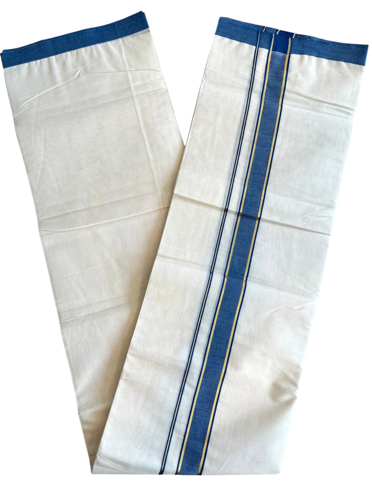 Southloom Pure Cotton Mundu with Golden Lines and Blue Border (South Indian Kerala Dhoti)
