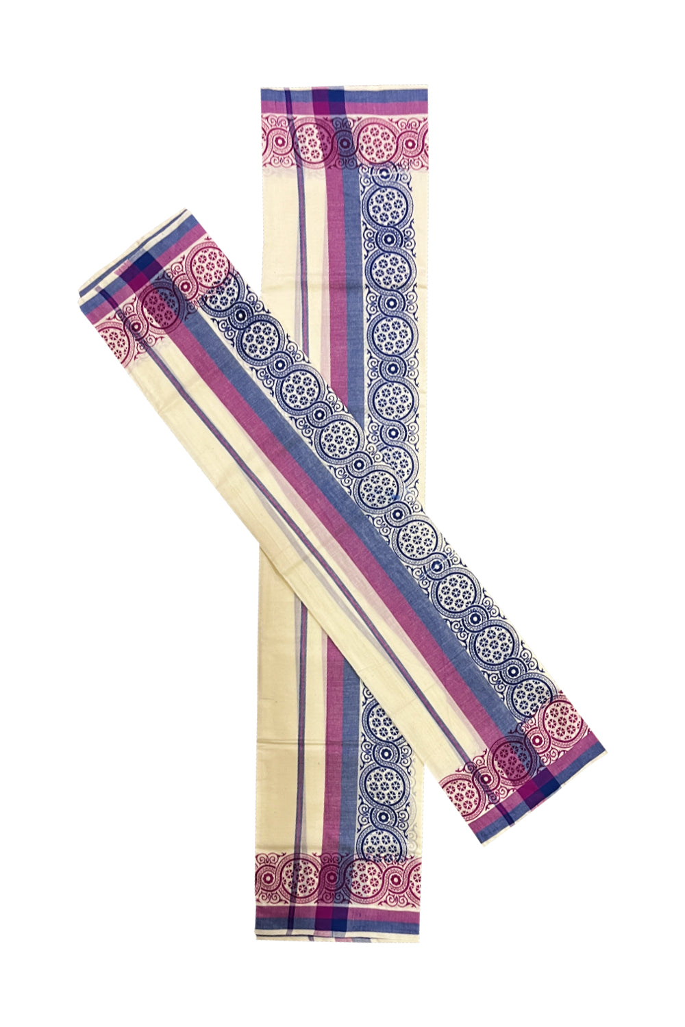 Kerala Cotton Mulloth Mundum Neriyathum Single (Set Mundu) with Blue and Red Block Printed Border (Extra Soft Cotton)