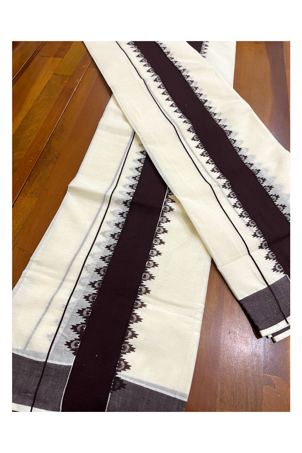 Kerala Cotton Single Set Mundu (Mundum Neriyathum) with Brown Temple Block Printed Border