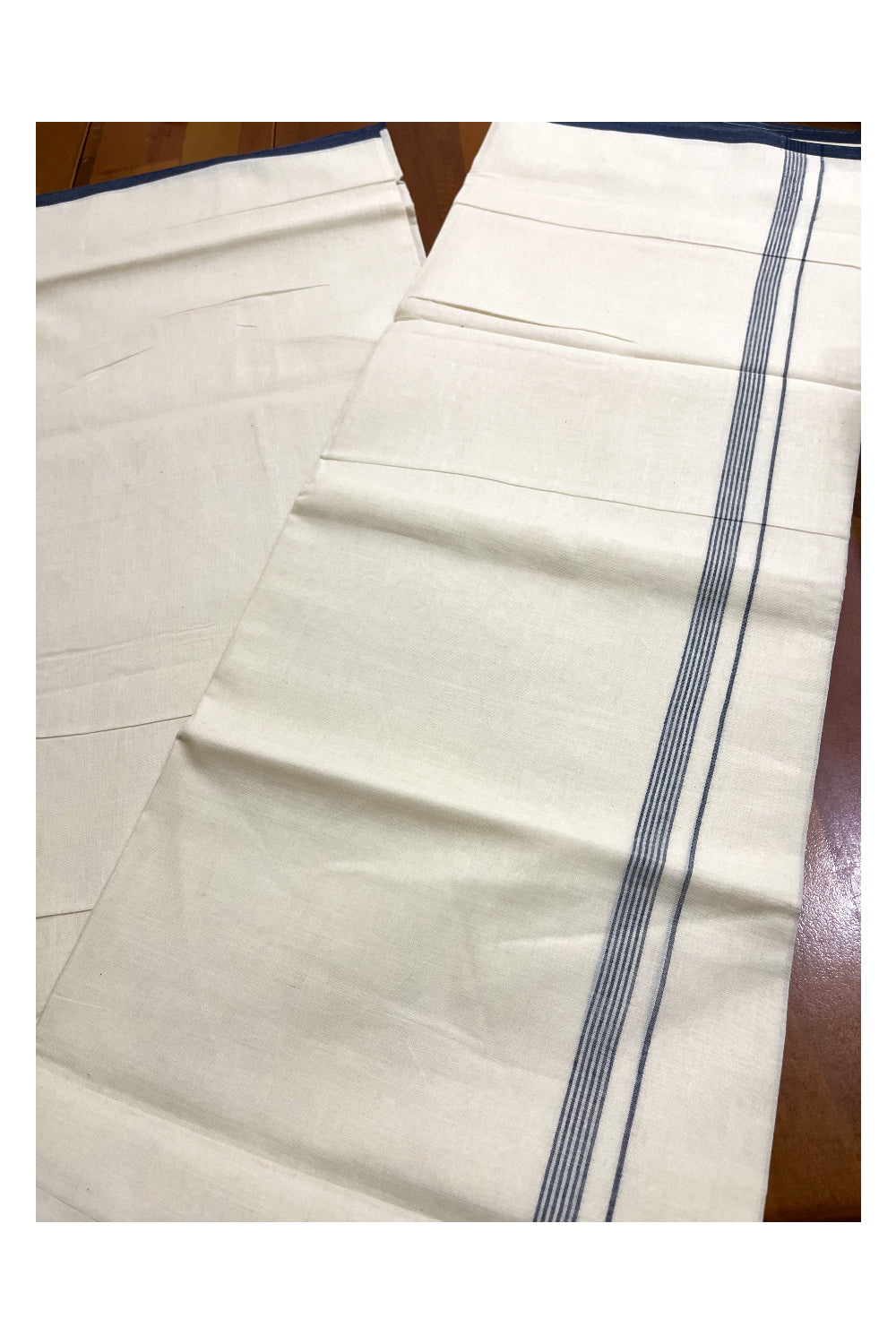 Pure Cotton Off White Double Mundu with Navy Blue Border (South Indian Kerala Dhoti)