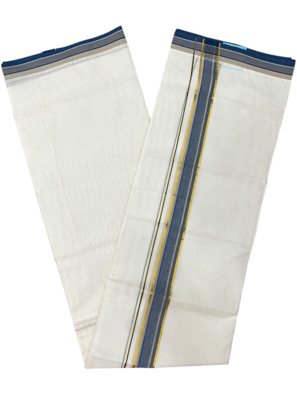 Southloom Pure Cotton Mundu with Siver Lines and Blue Border (South Indian Kerala Dhoti)