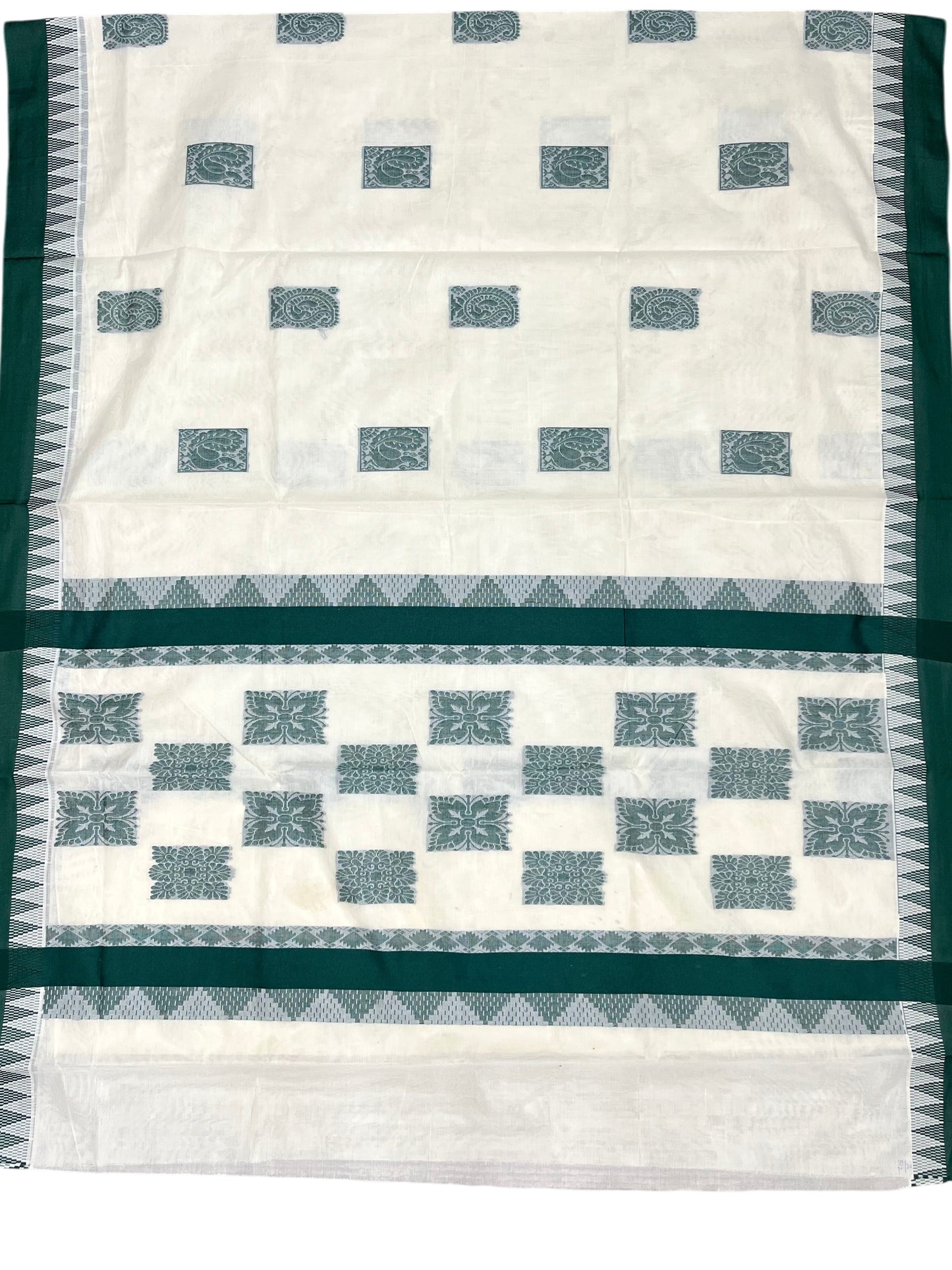 Southloom Pure Cotton Kerala Saree with Green Heavy Woven Designs and Temple Border
