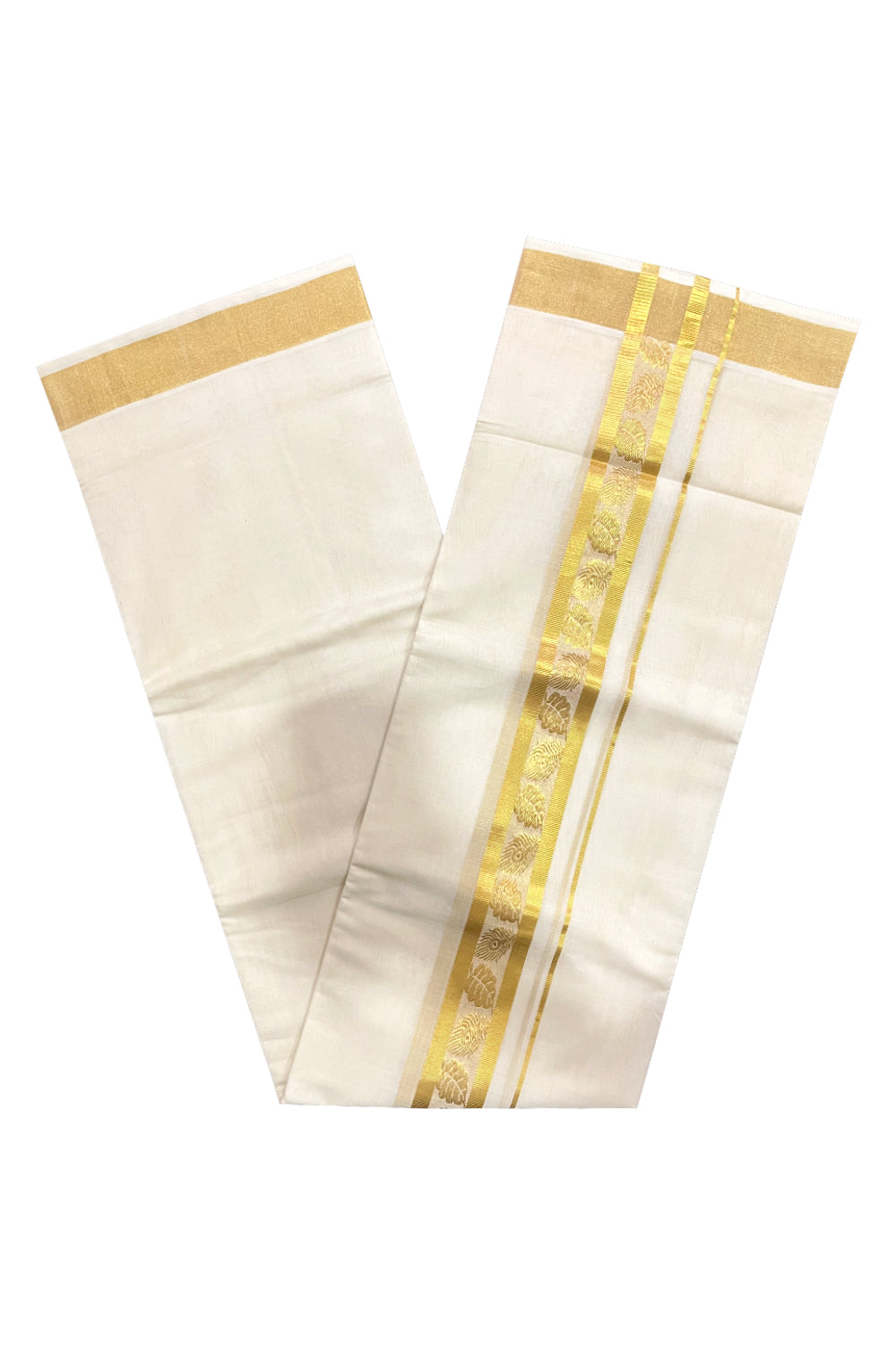 Southloom Premium Handloom Cotton Mundu with Kasavu Feather and Leaf Woven Border (South Indian Kerala Dhoti)