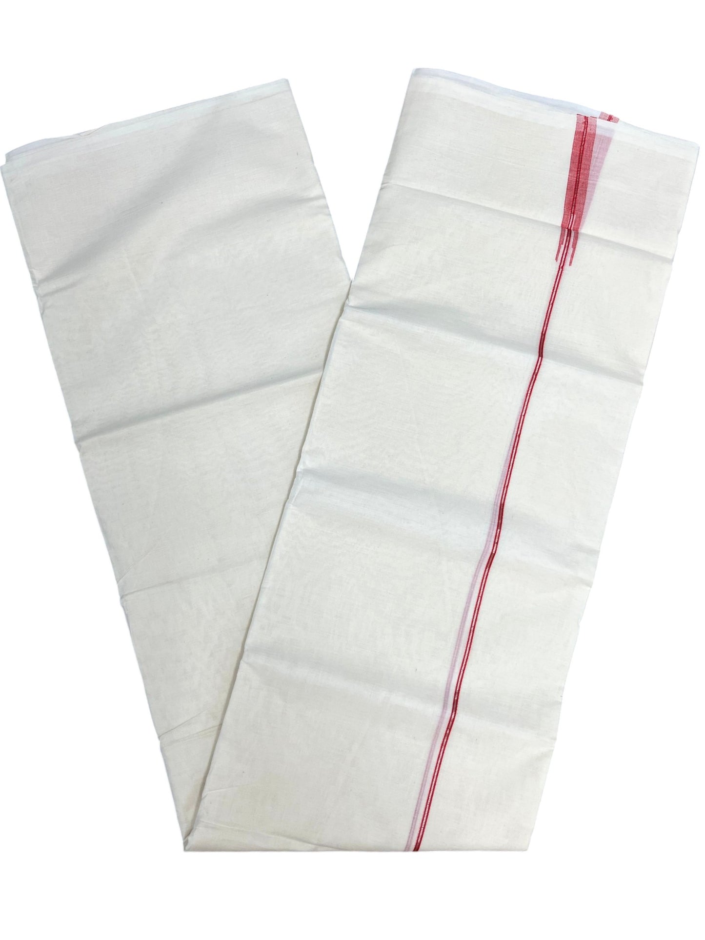 Kerala Pure Cotton Double Mundu with Red And Silver Chutti Kara (South Indian Kerala Dhoti)