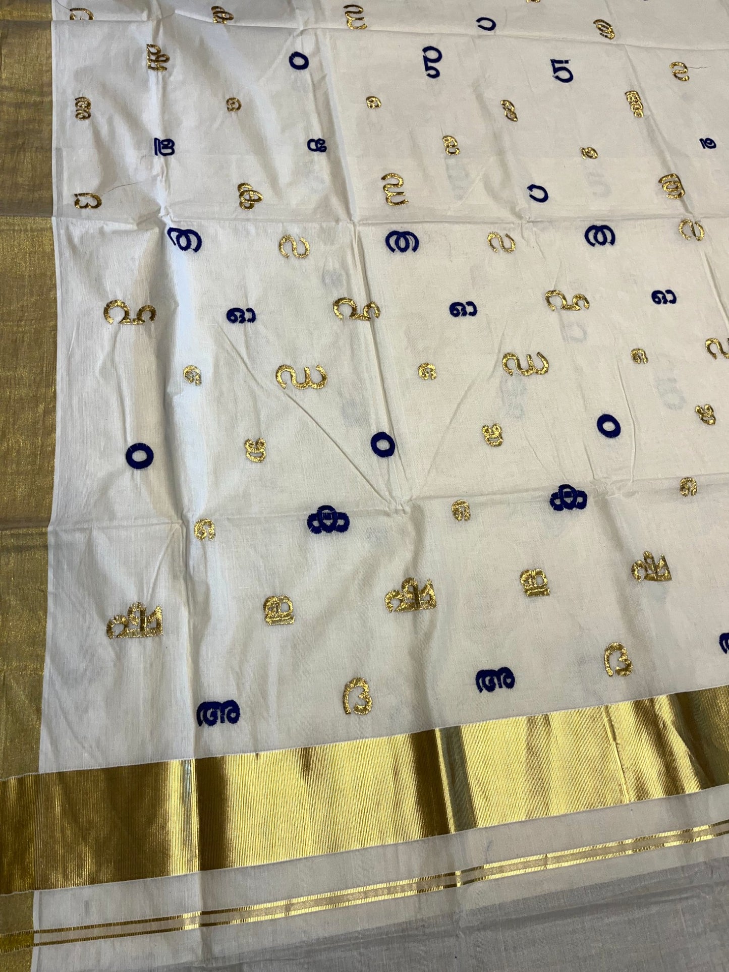 Southloom Kerala Cotton Kasavu Saree with Gold and Blue Malayalam Aksharamala Embroidery Work on Body