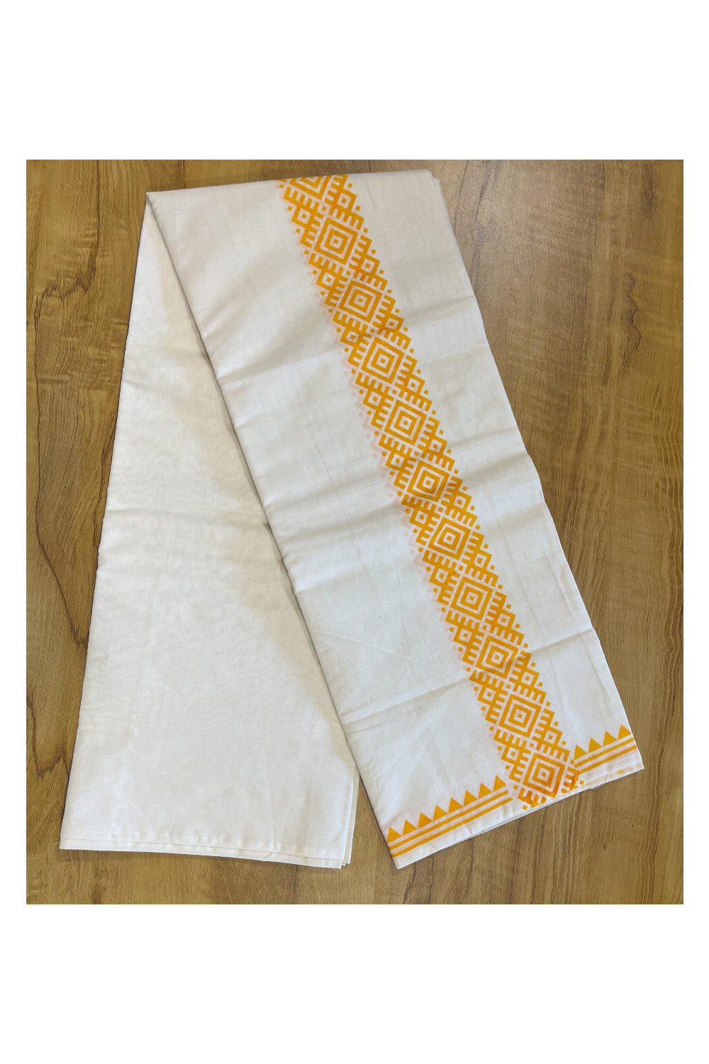 Pure Cotton Off White Double Mundu with Block Prints on Yellow Kara (South Indian Dhoti)