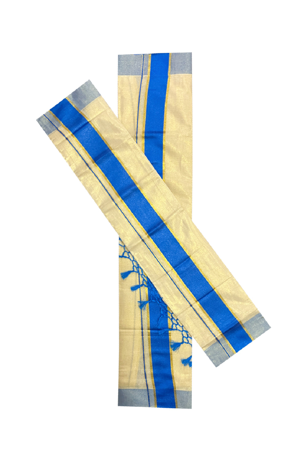 Kerala Tissue Kasavu Set Mundu with Blue Kara (Mundum Neriyathum) 2.80 Mtrs