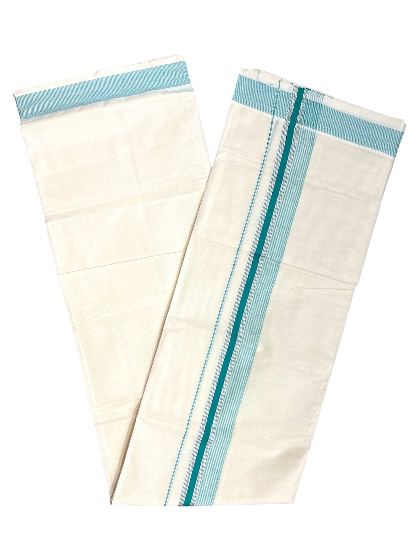 Southloom Kerala Pure Cotton Double Mundu with Silver Lines & Green Border (South Indian Dhoti)