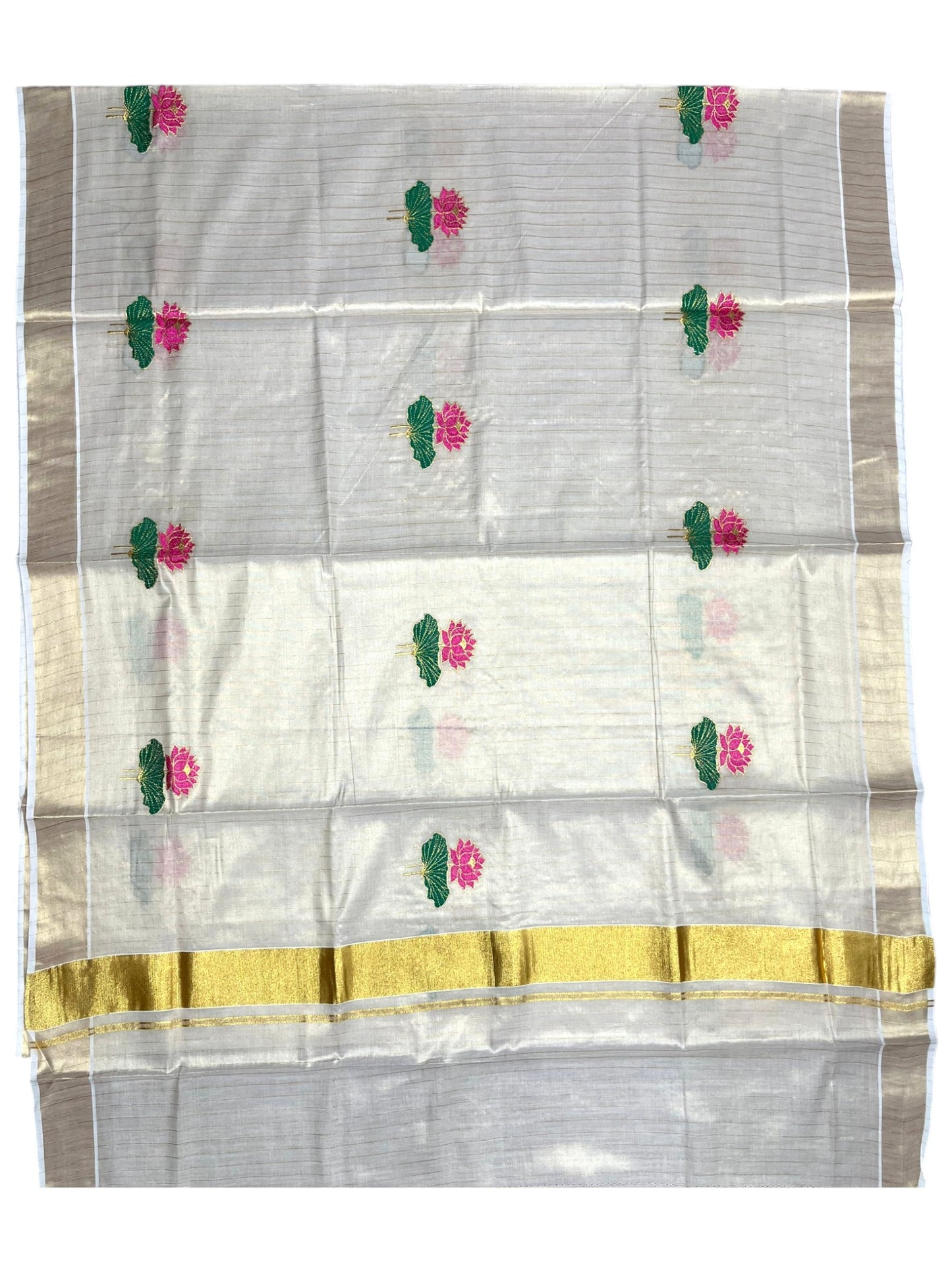 Southloom Kerala Tissue Kasavu  Saree with Pink And Green Lotus Embroidary Works on Body