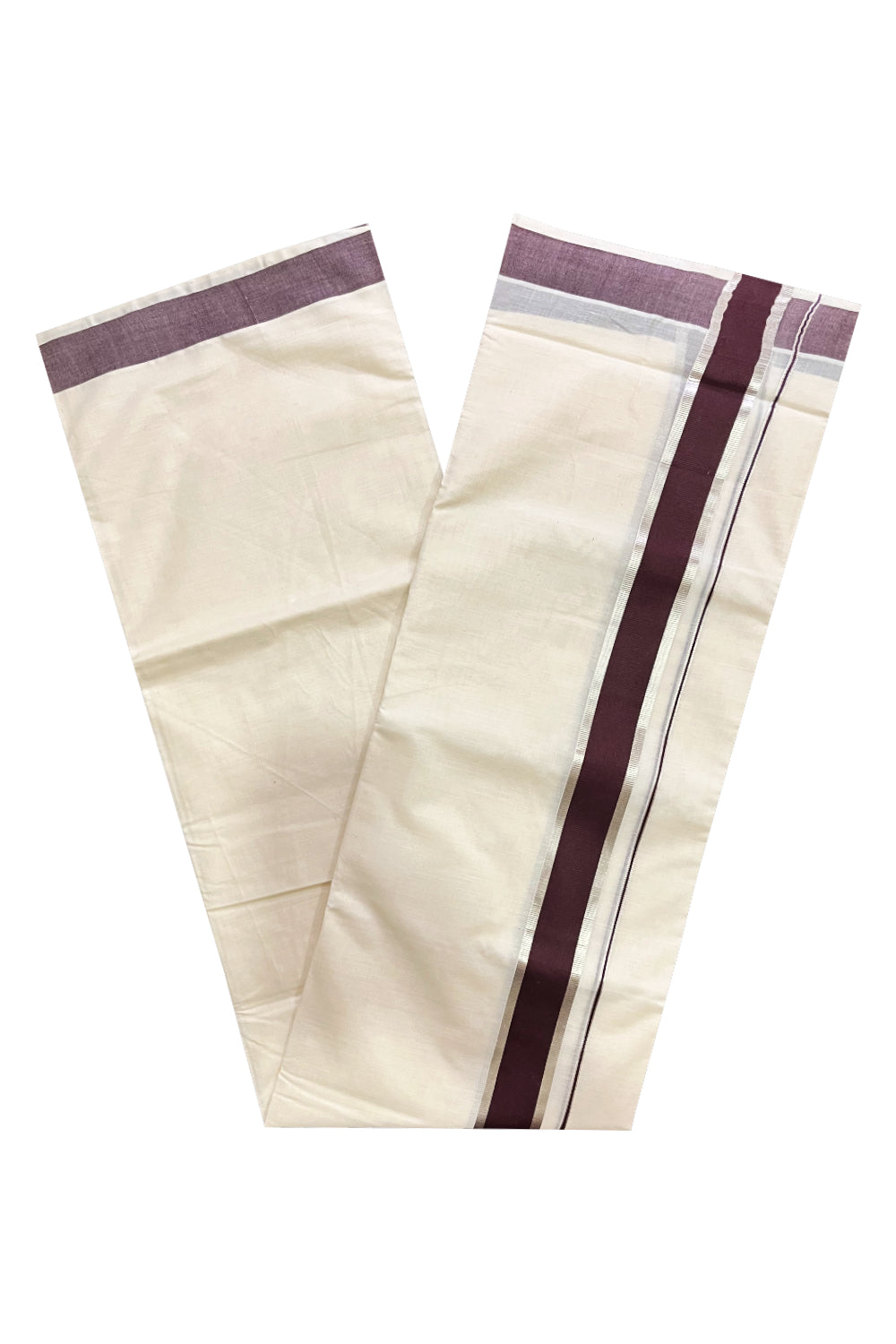 Pure Cotton Double Mundu with Dark Brown and Silver Kasavu Kara (South Indian Kerala Dhoti)