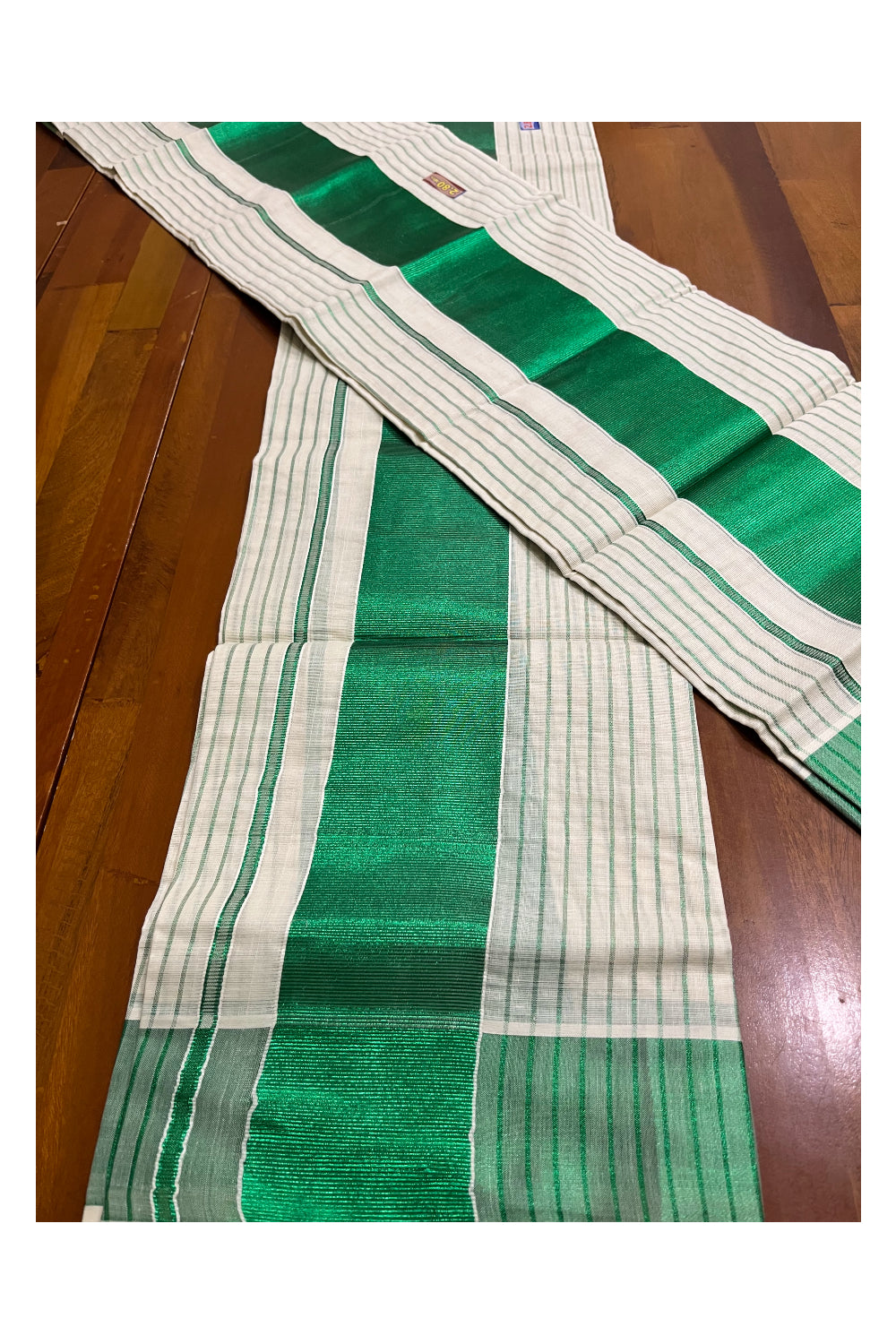 Kerala Cotton Set Mundu (Mundum Neriyathum) with Green Kasavu Lines Across Body 2.80 Mtrs