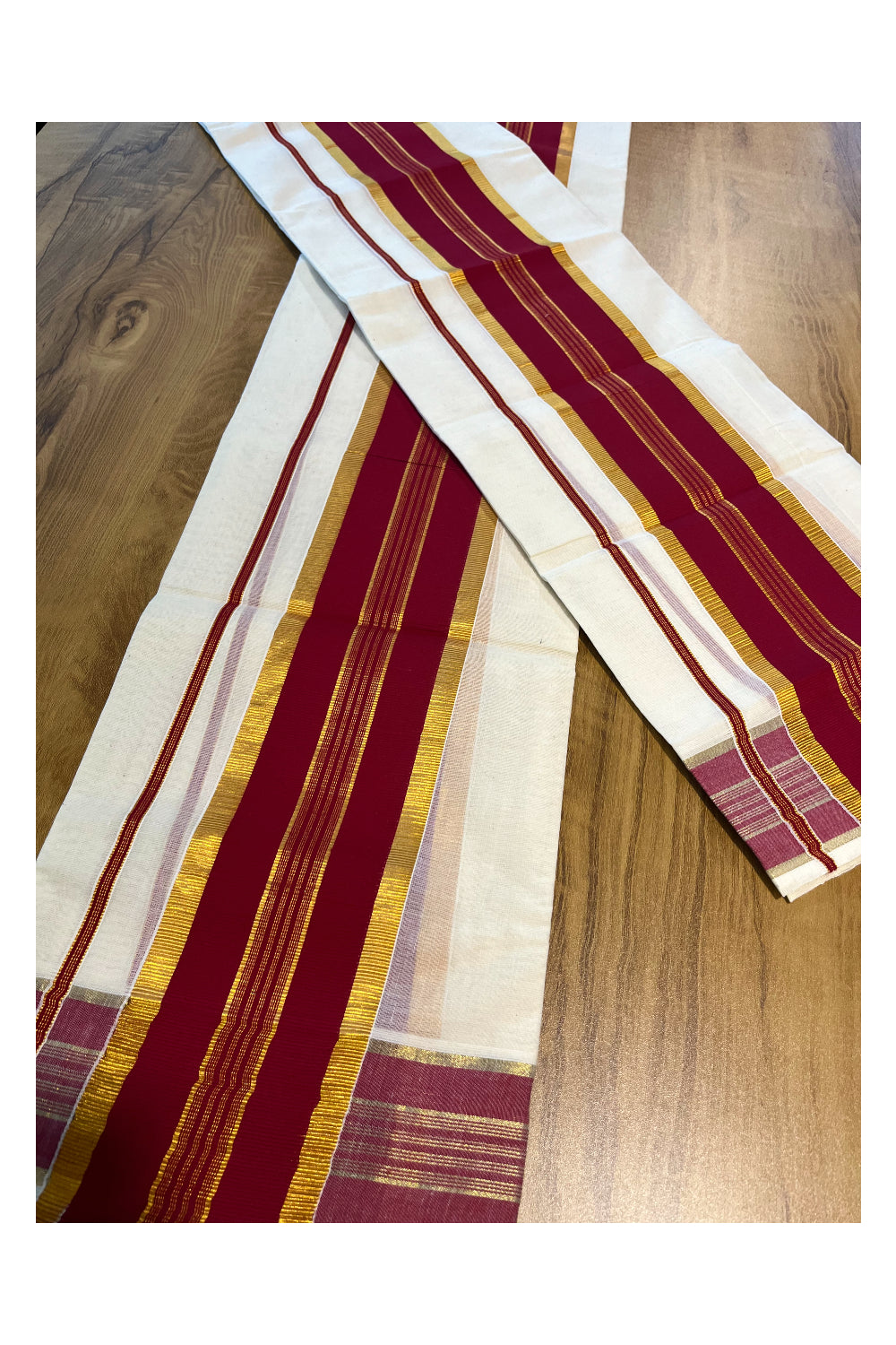 Kerala Cotton Set Mundu (Mundum Neriyathum) with Kasavu and Dark Red Border