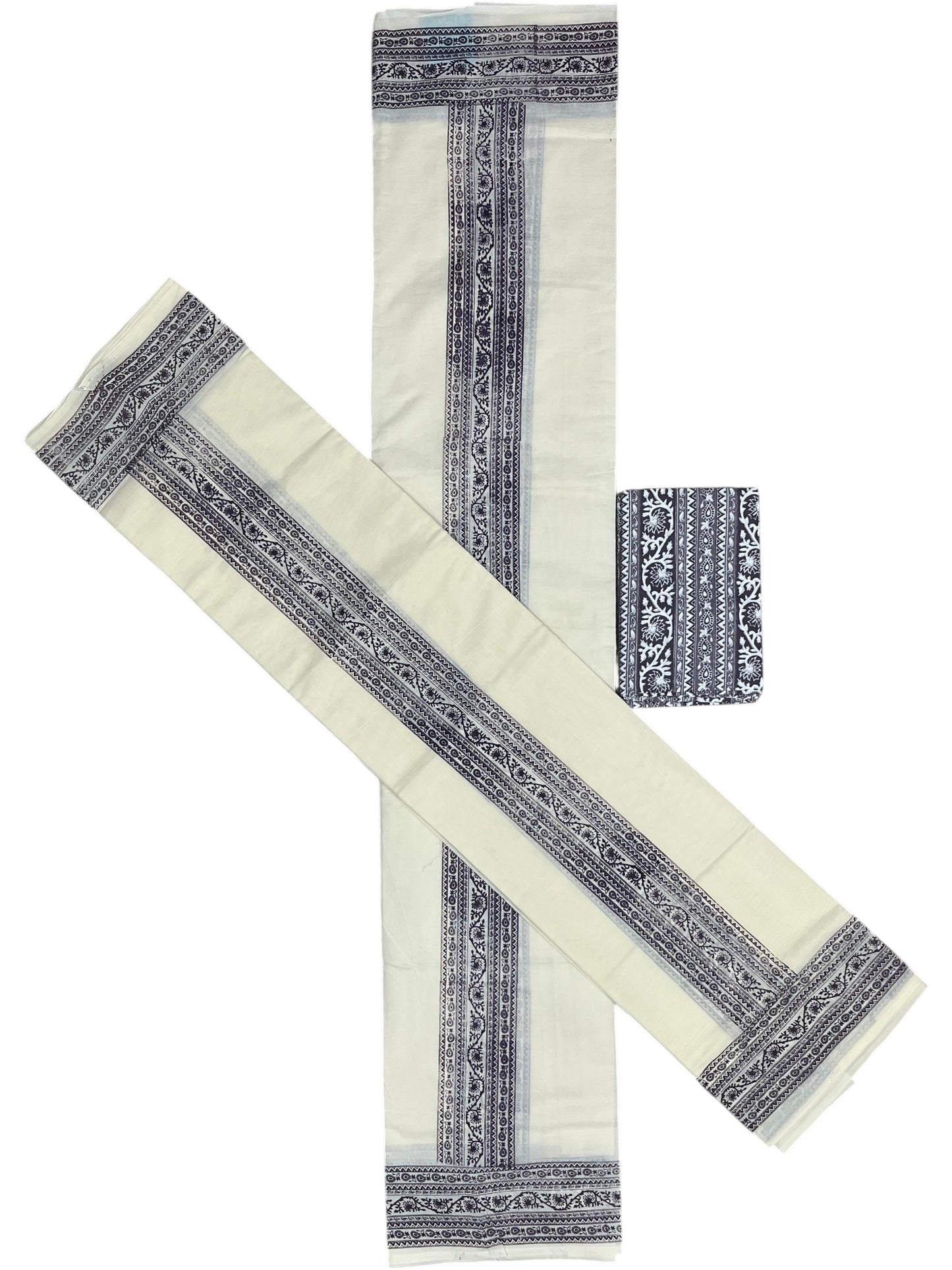 Southloom Gray Block Printed Set Mundu with Blouse Piece 2.80Mtrs