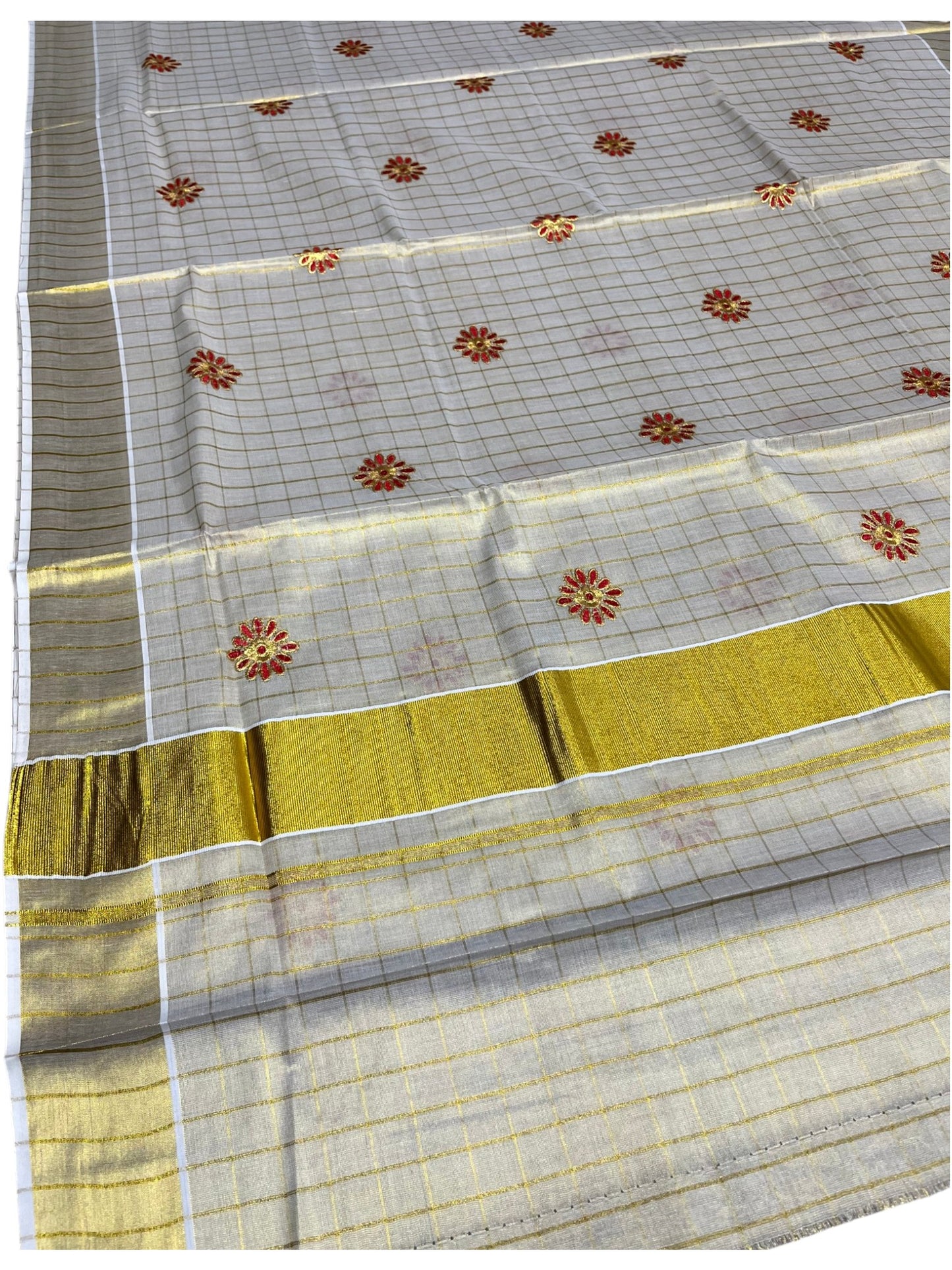 Southloom Kerala Tissue Kasavu Check Saree with Red and Gold Floral Embroidery Design on Body