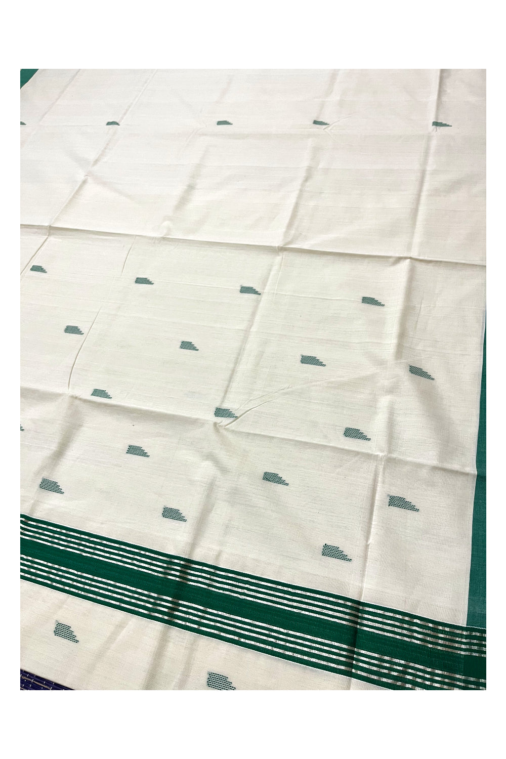 Southloom Premium Balaramapuram Unakkupaavu Handloom Cotton Butta Saree with Silver Kasavu and Green Border