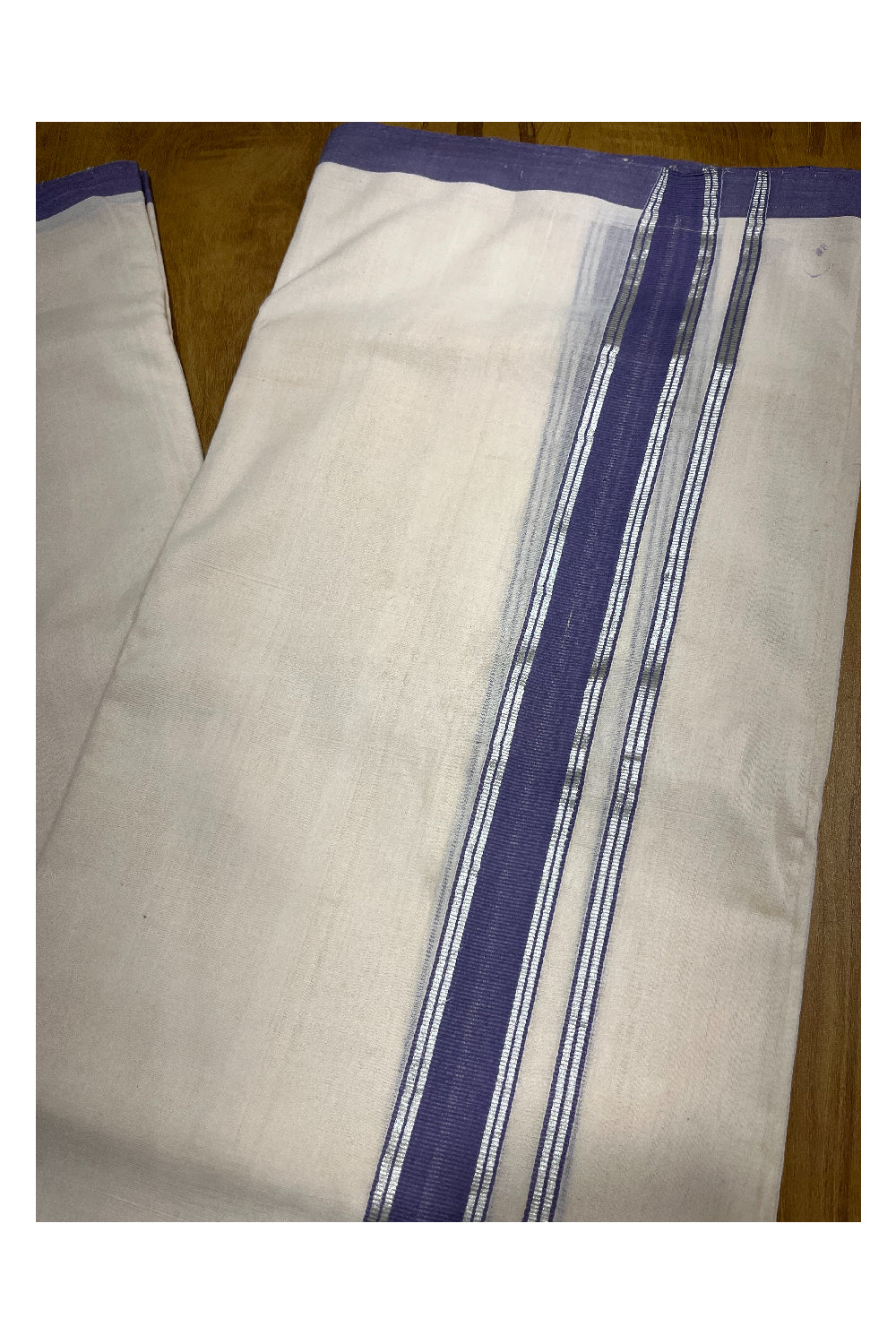 Premium Balaramapuram Handloom Unakkupaavu 1 inch Double Mundu with Silver Kasavu and Green and Purple Kara