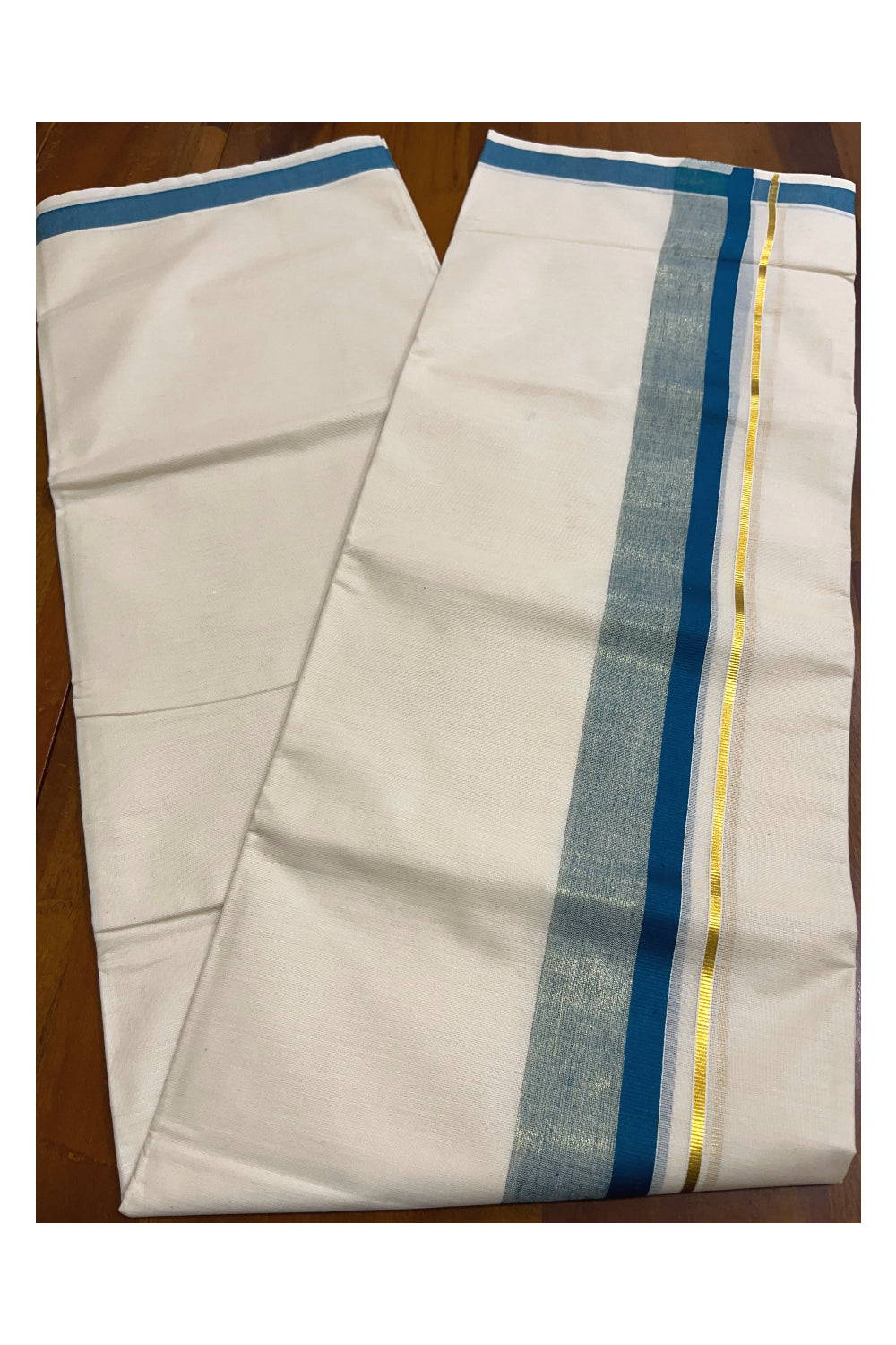 Kerala Pure Cotton Double Mundu with Teal Blue and Kasavu Border (South Indian Kerala Dhoti)