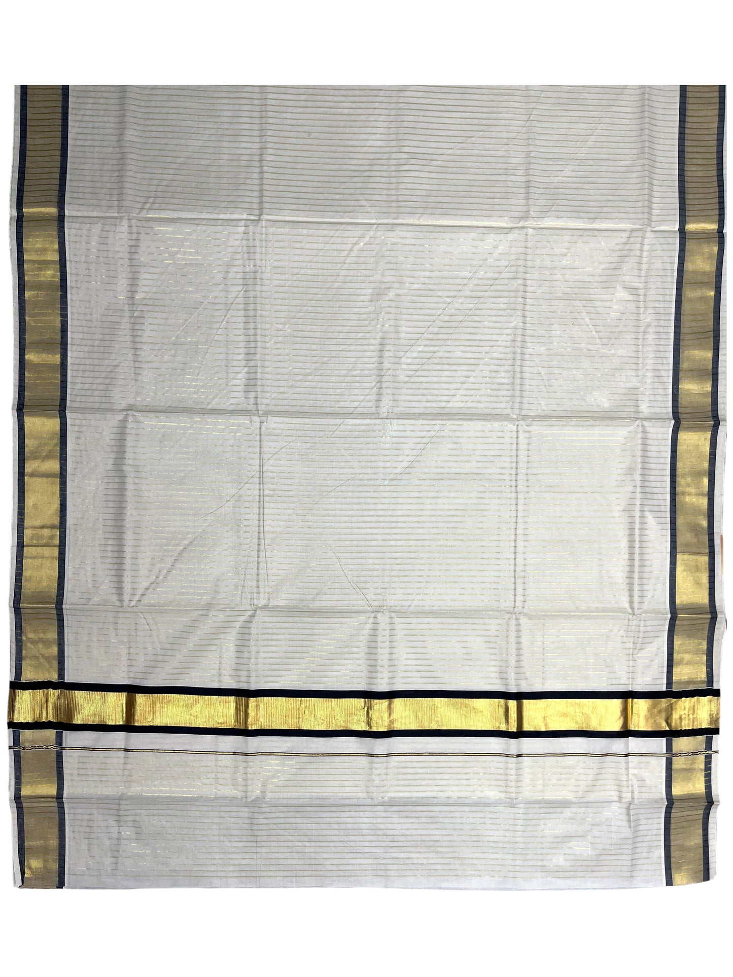 Southloom Pure Cotton Kerala Saree with Gold Kasavu Lines Across Body and Black Border